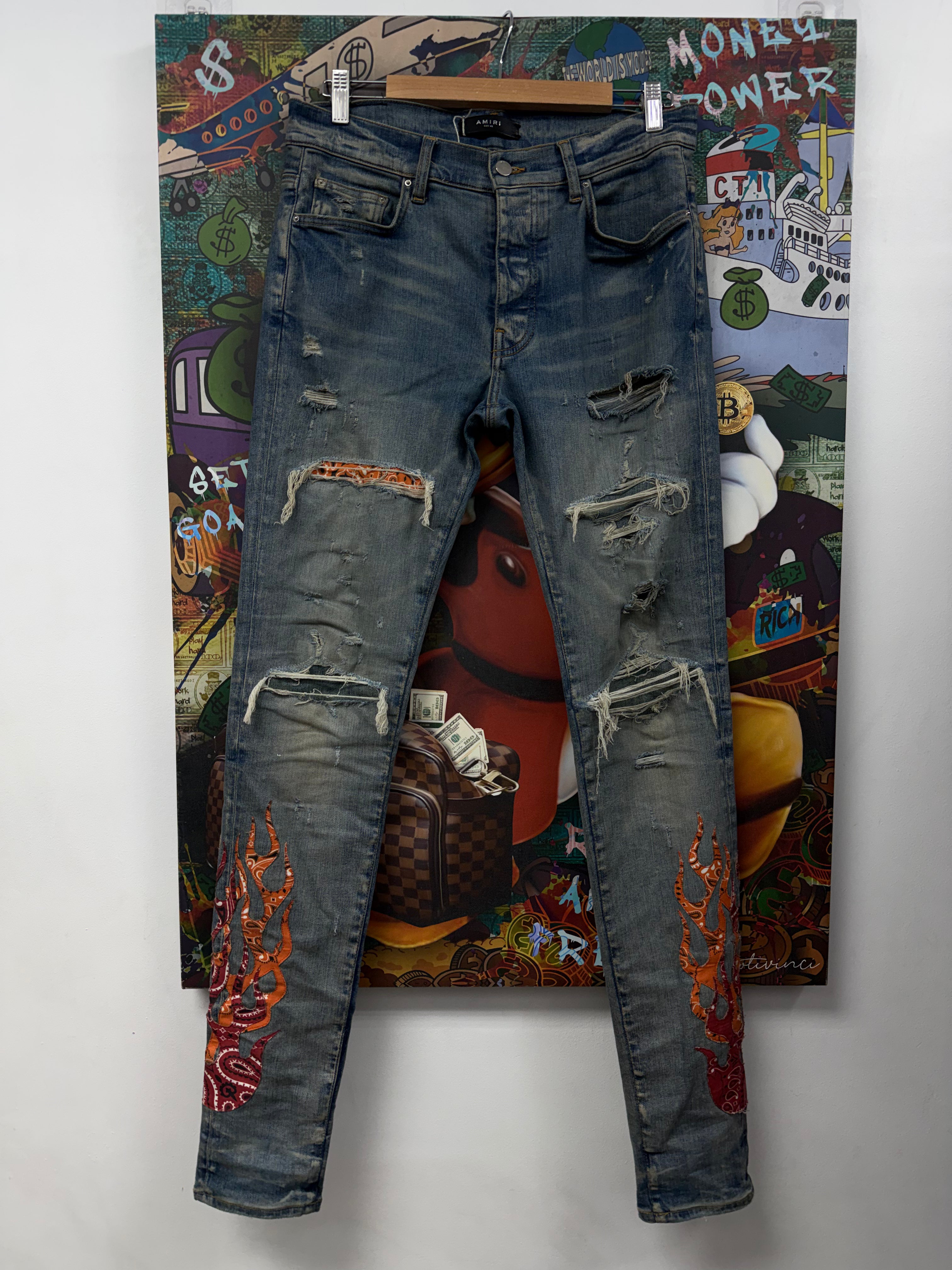 Amiri Light Wash Orange Red Bandana Jeans
