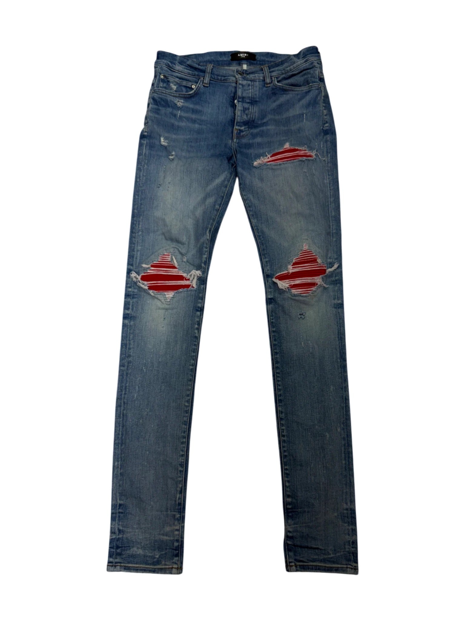 Amiri MX1 Suede Patch Light Wash & Red Jeans