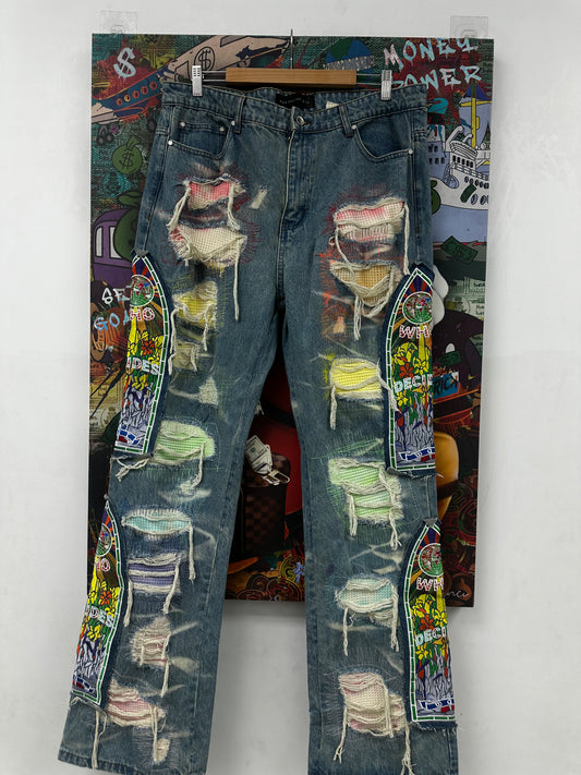 WDW Roygbiv Denim Fusion Multi Stained Glass Jeans Used 38