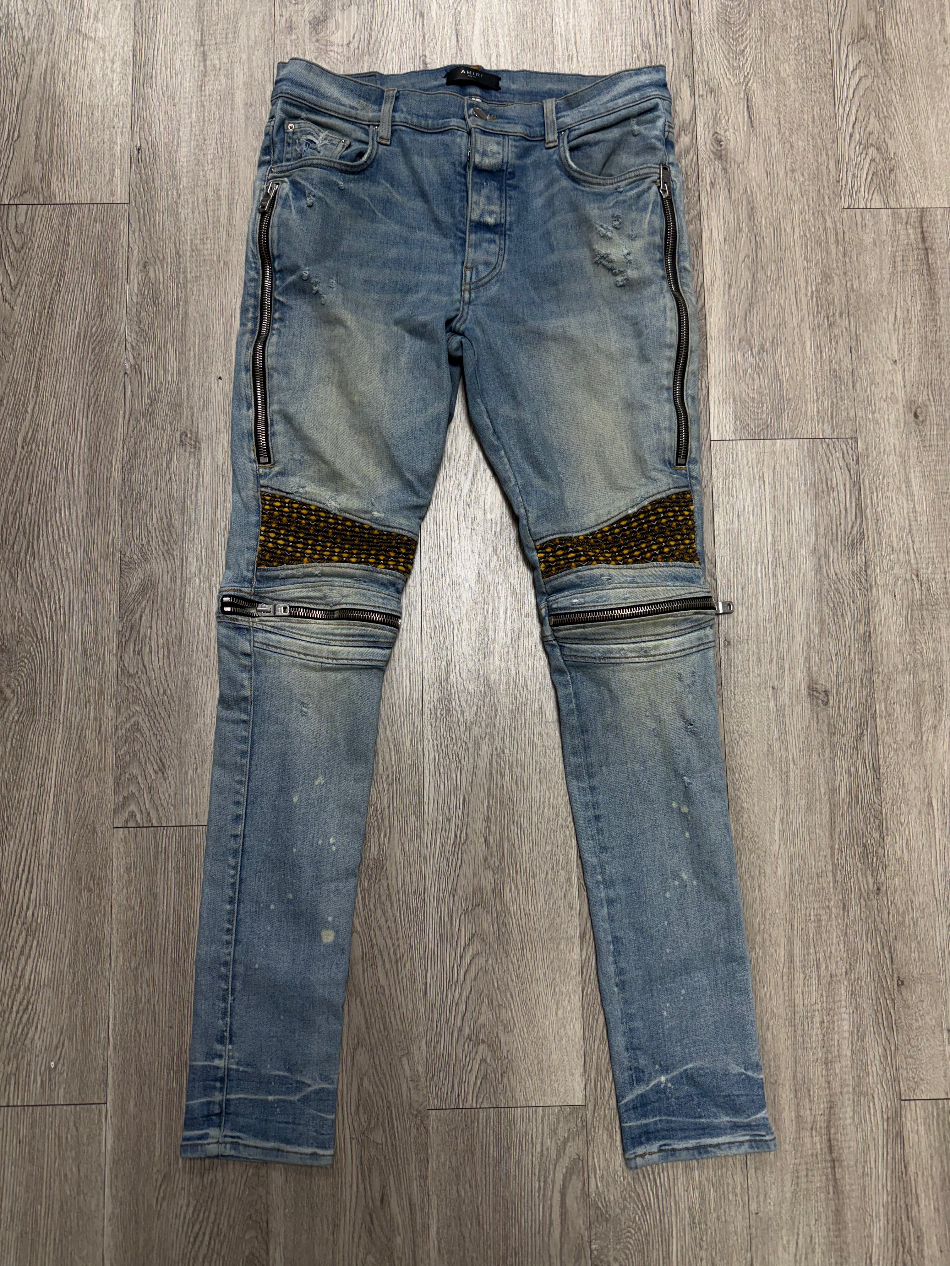 Amiri MX2 Light Wash Yellow Brown Patch Jeans