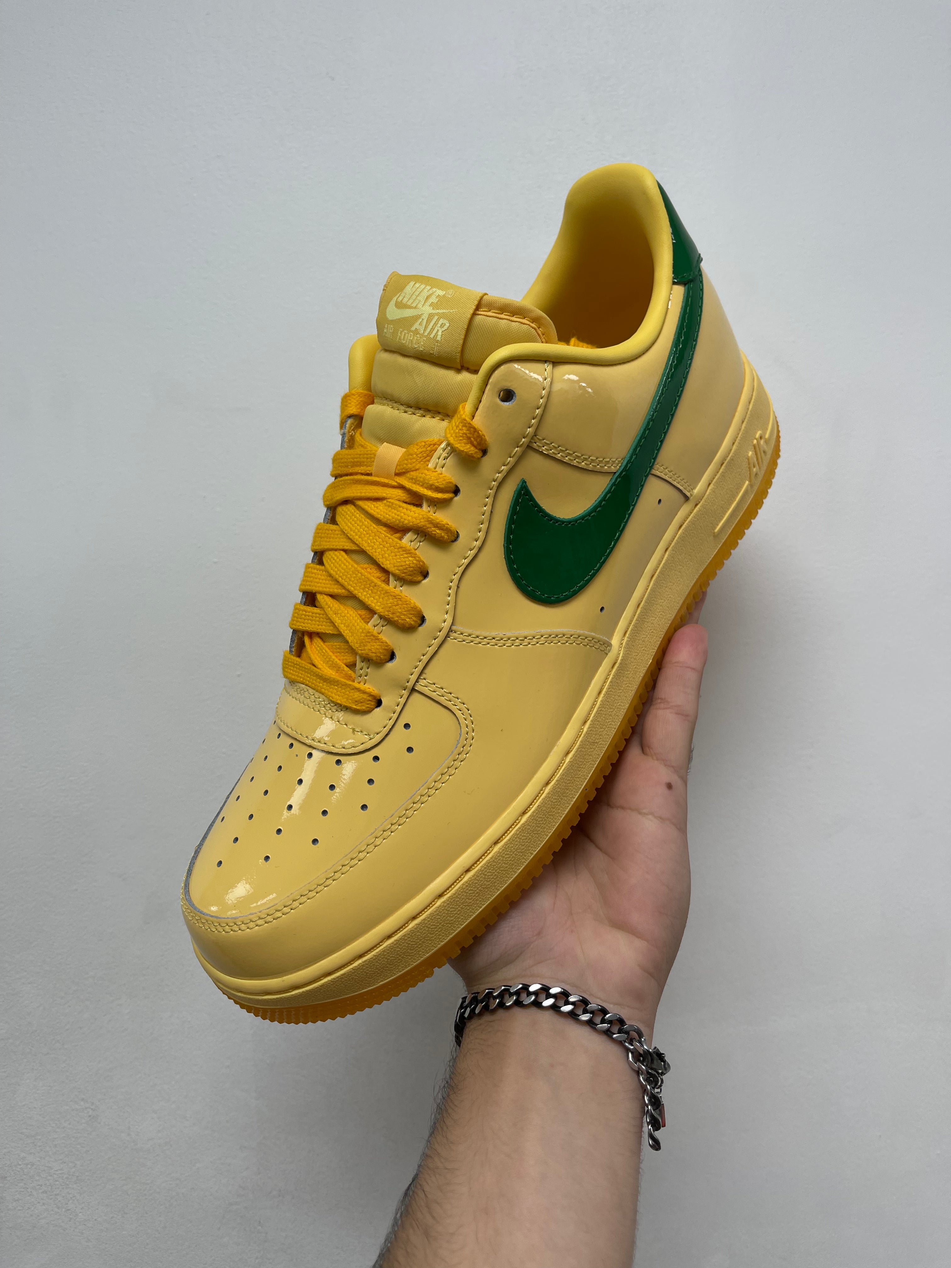Nike AF1 Patent Leather Topaz Gold Pine Green Sneakers