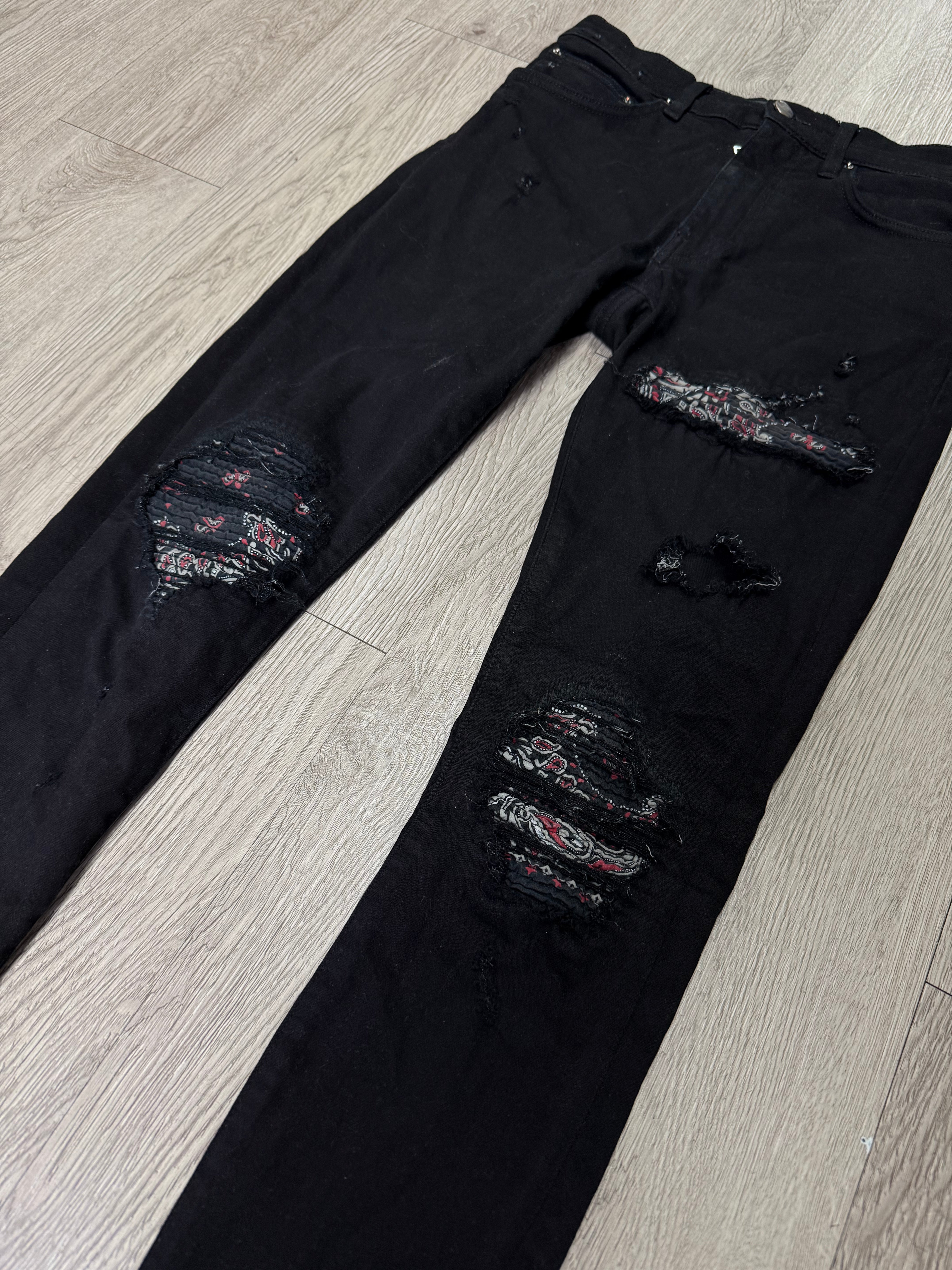 Amiri MX1 Black Red Paisley Patch Jeans