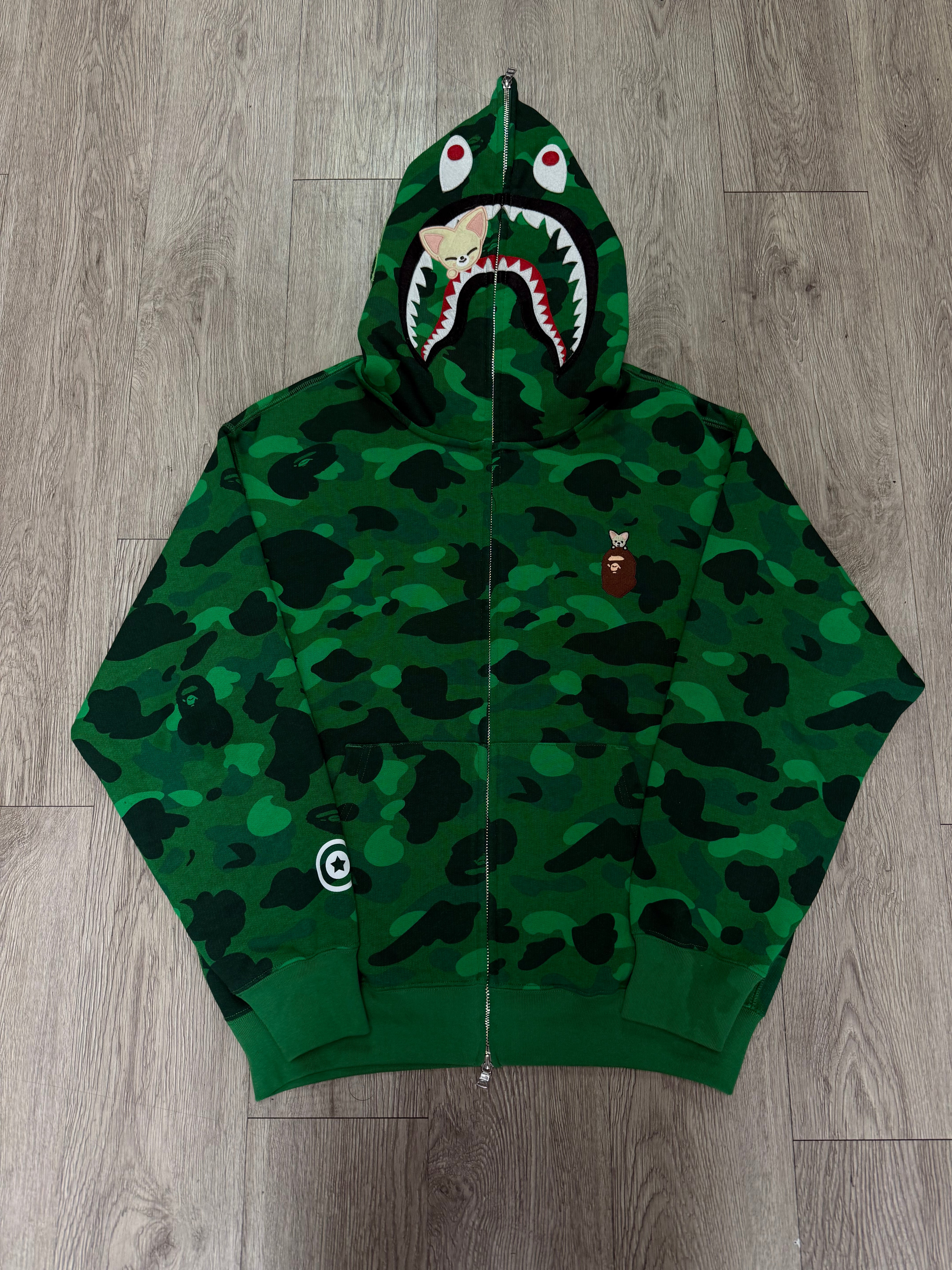 BAPE x Stray Kids Green Camo Shark Zip Up Hoodie