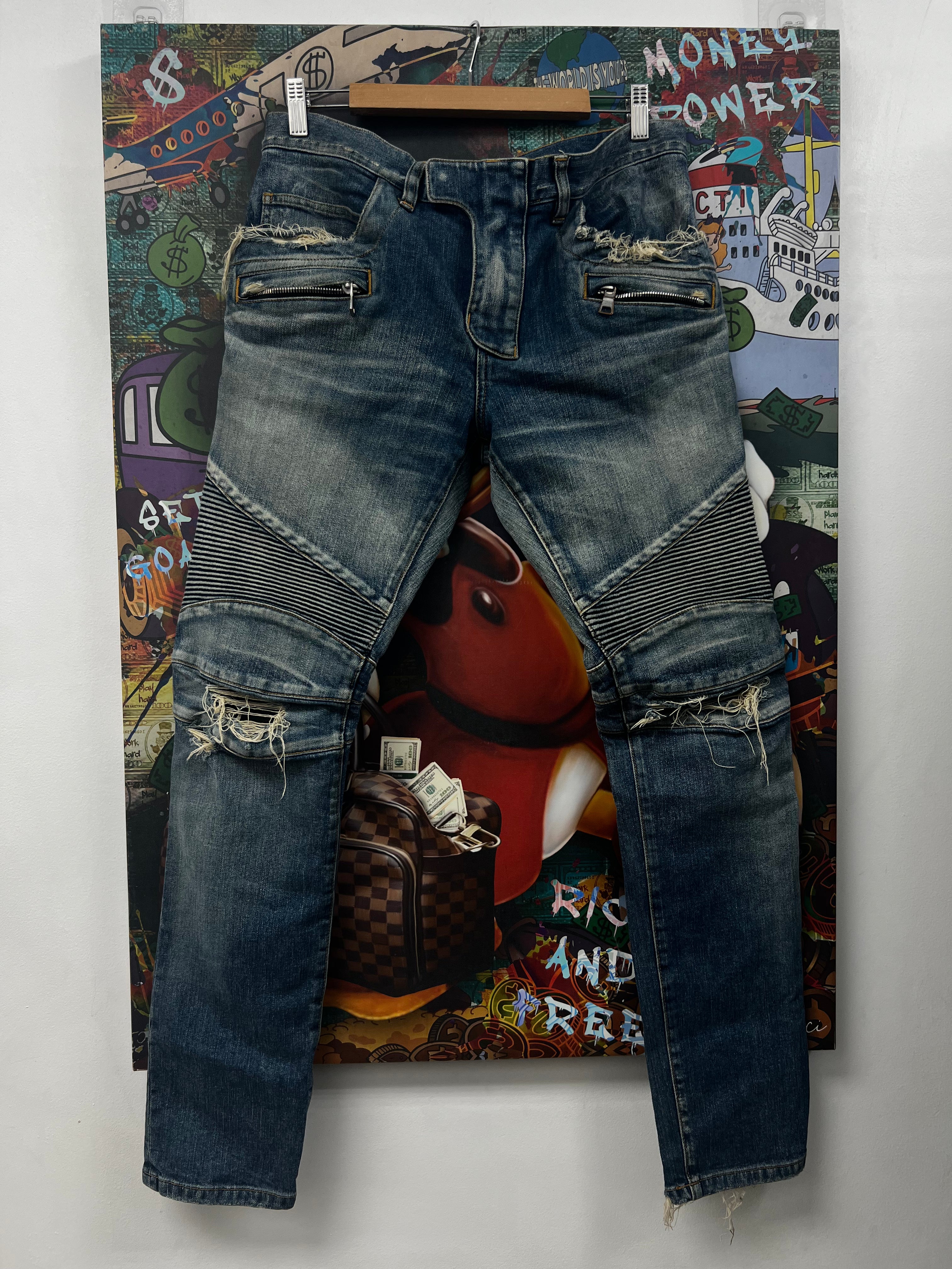 Balmain Light Wash Biker Knee Ripped Jeans