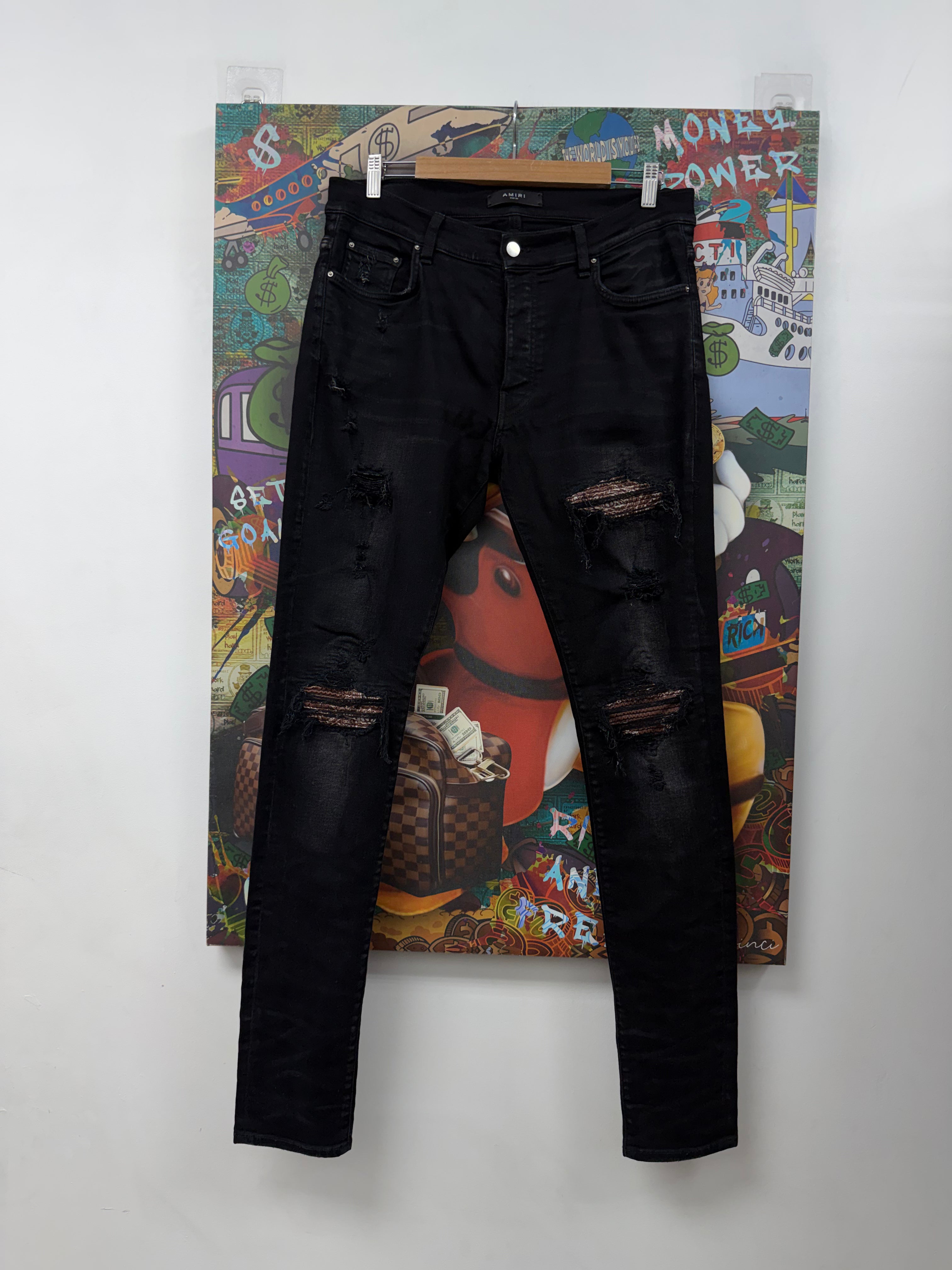 Amiri MX1 Black Wash Brown Paisley Patch Jeans