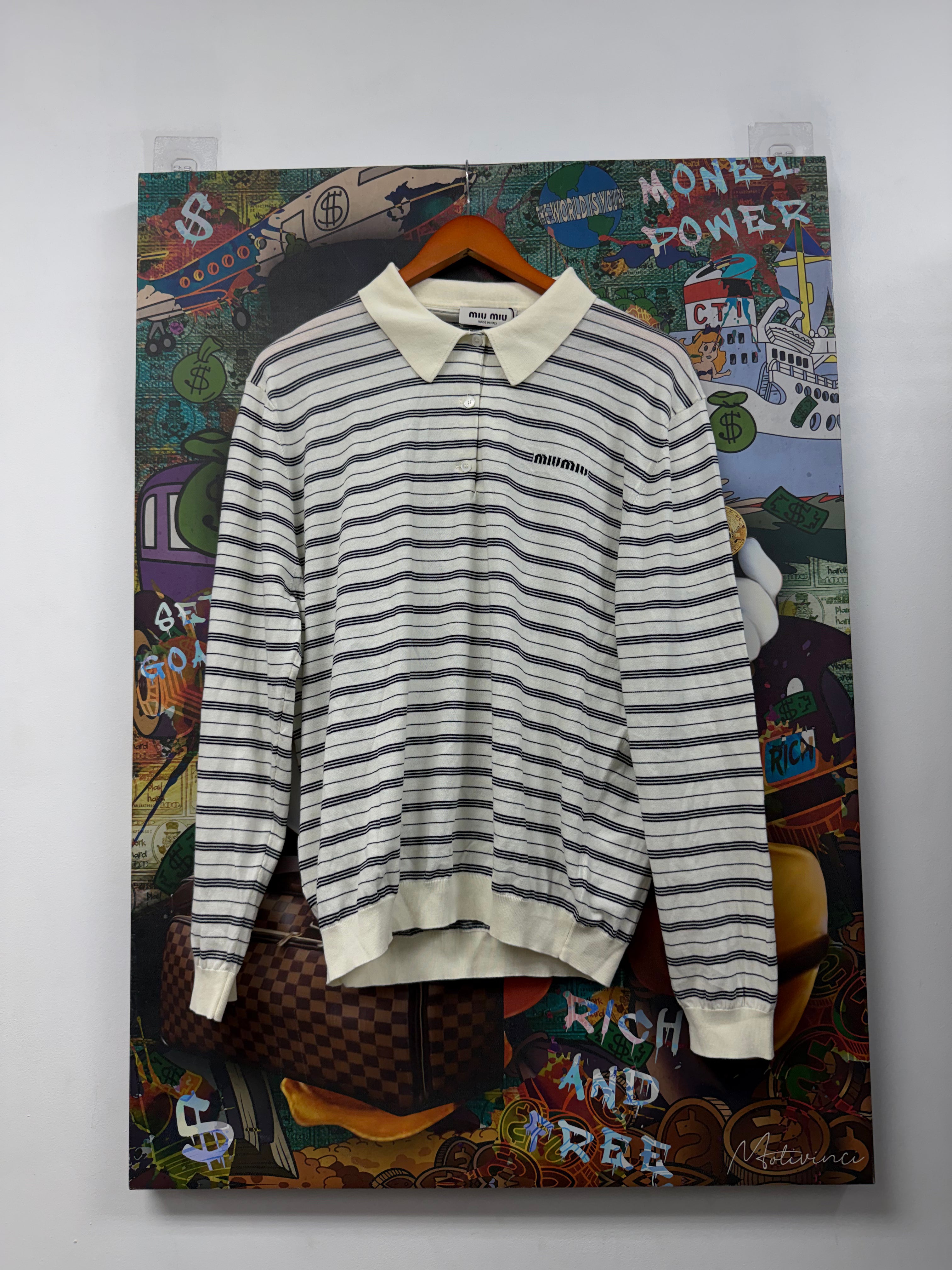 Miu Miu White Black Striped Collared  (46) Shirt