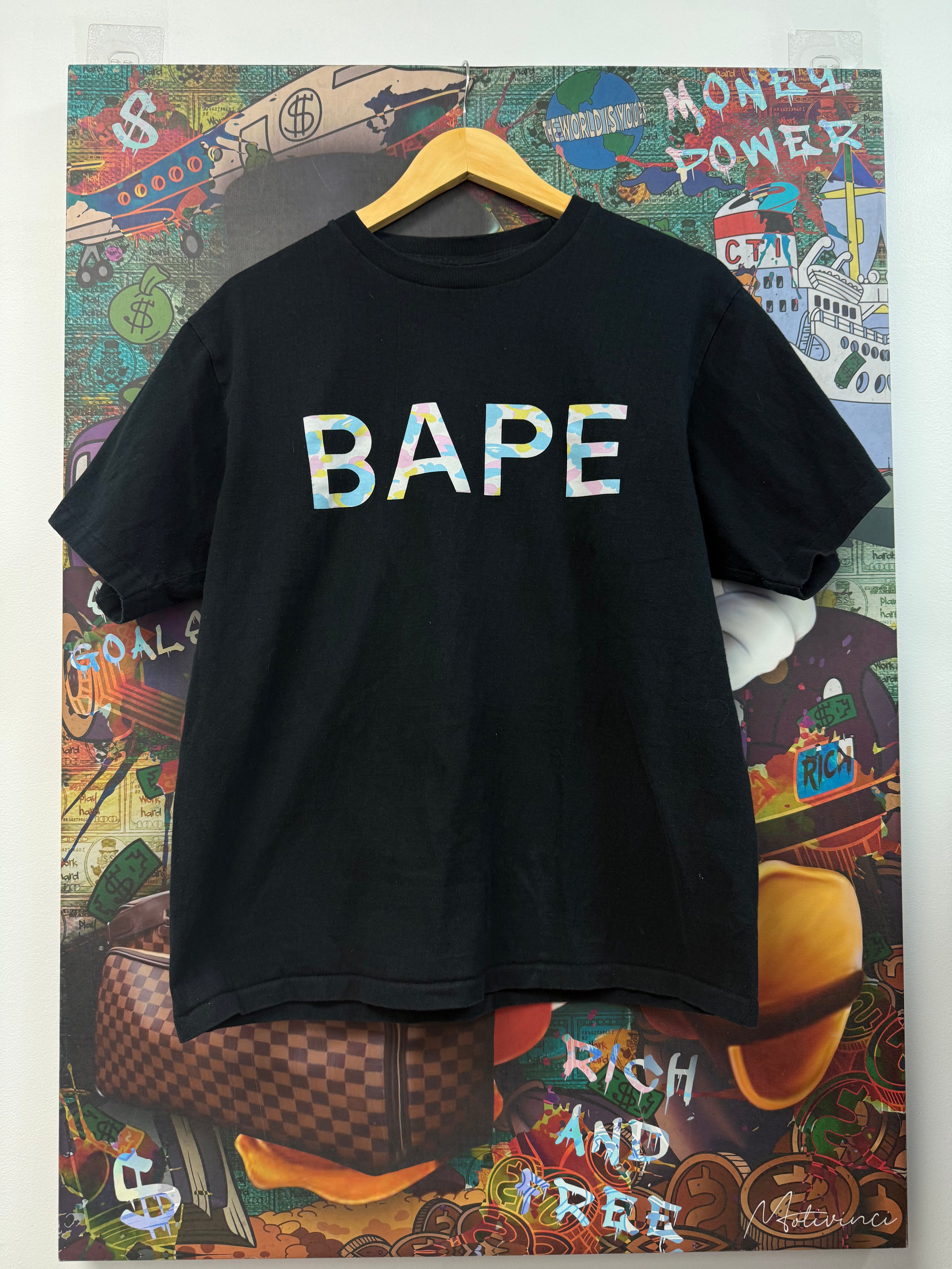 Bape Black Mutli Camo Spellout Tee