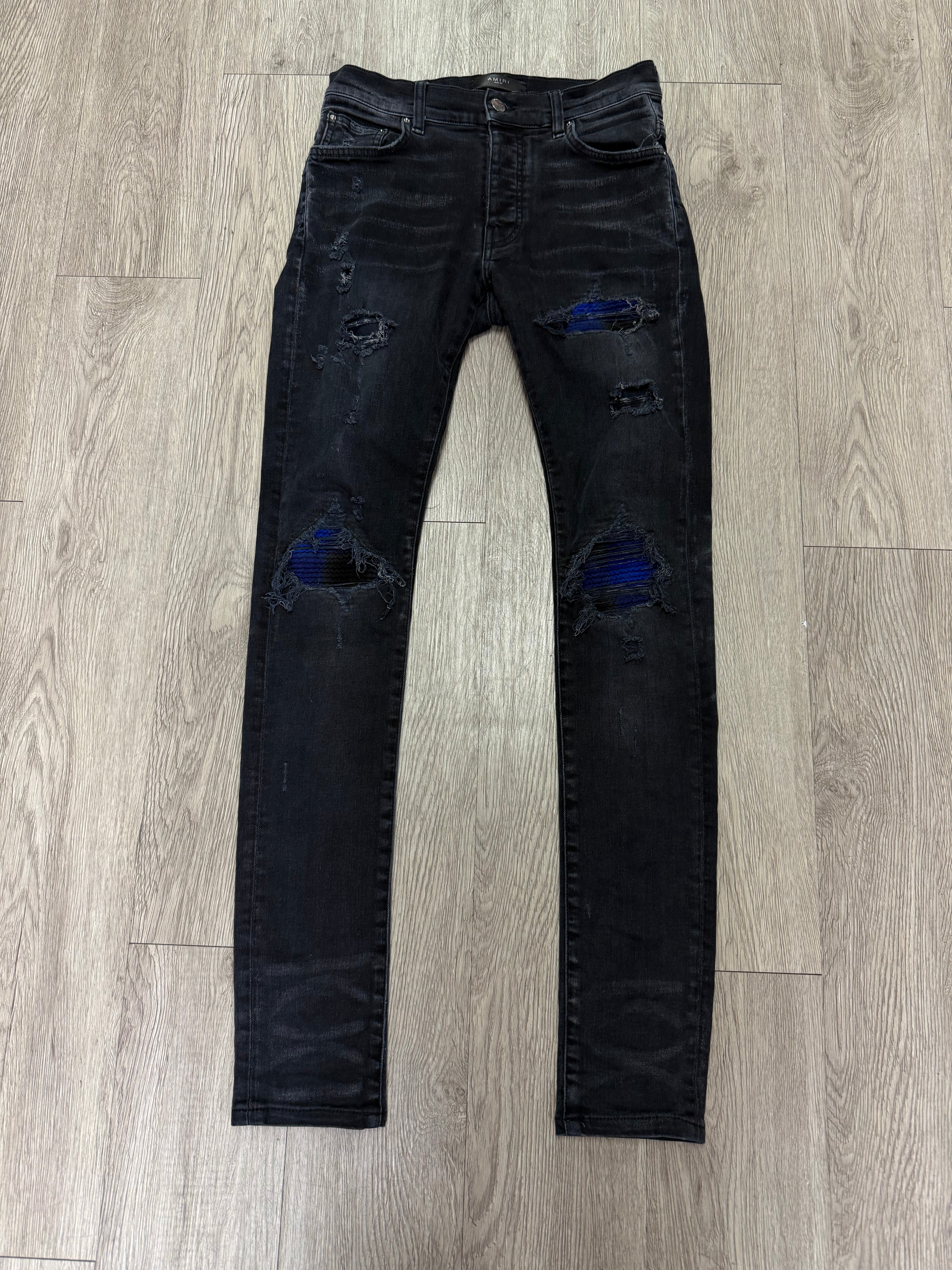 Amiri MX1 Black Wash Blue Black Plaid Patch Jeans