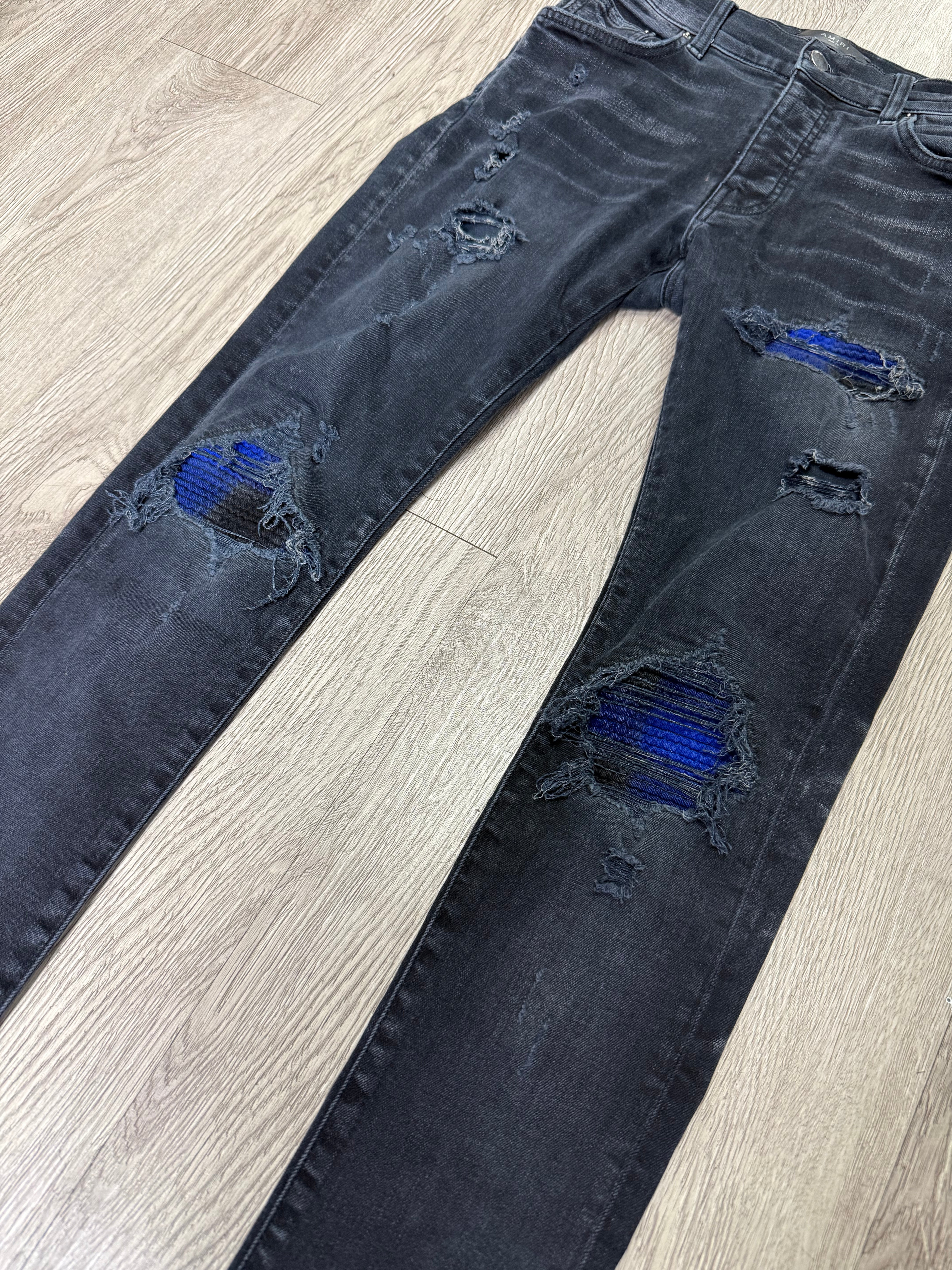 Amiri MX1 Black Wash Blue Black Plaid Patch Jeans