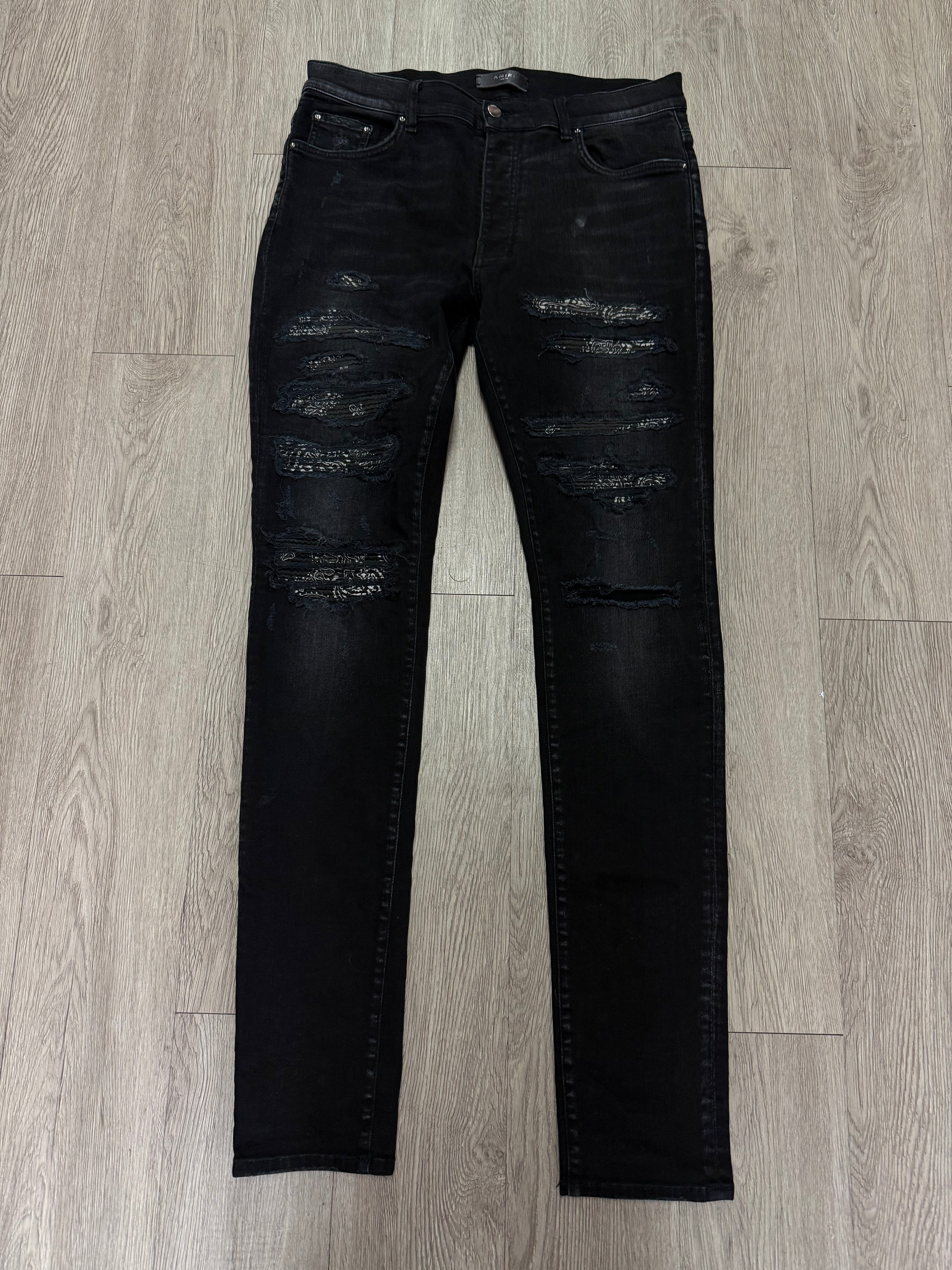 Amiri Black Wash Bandana Thrasher Patch Jeans