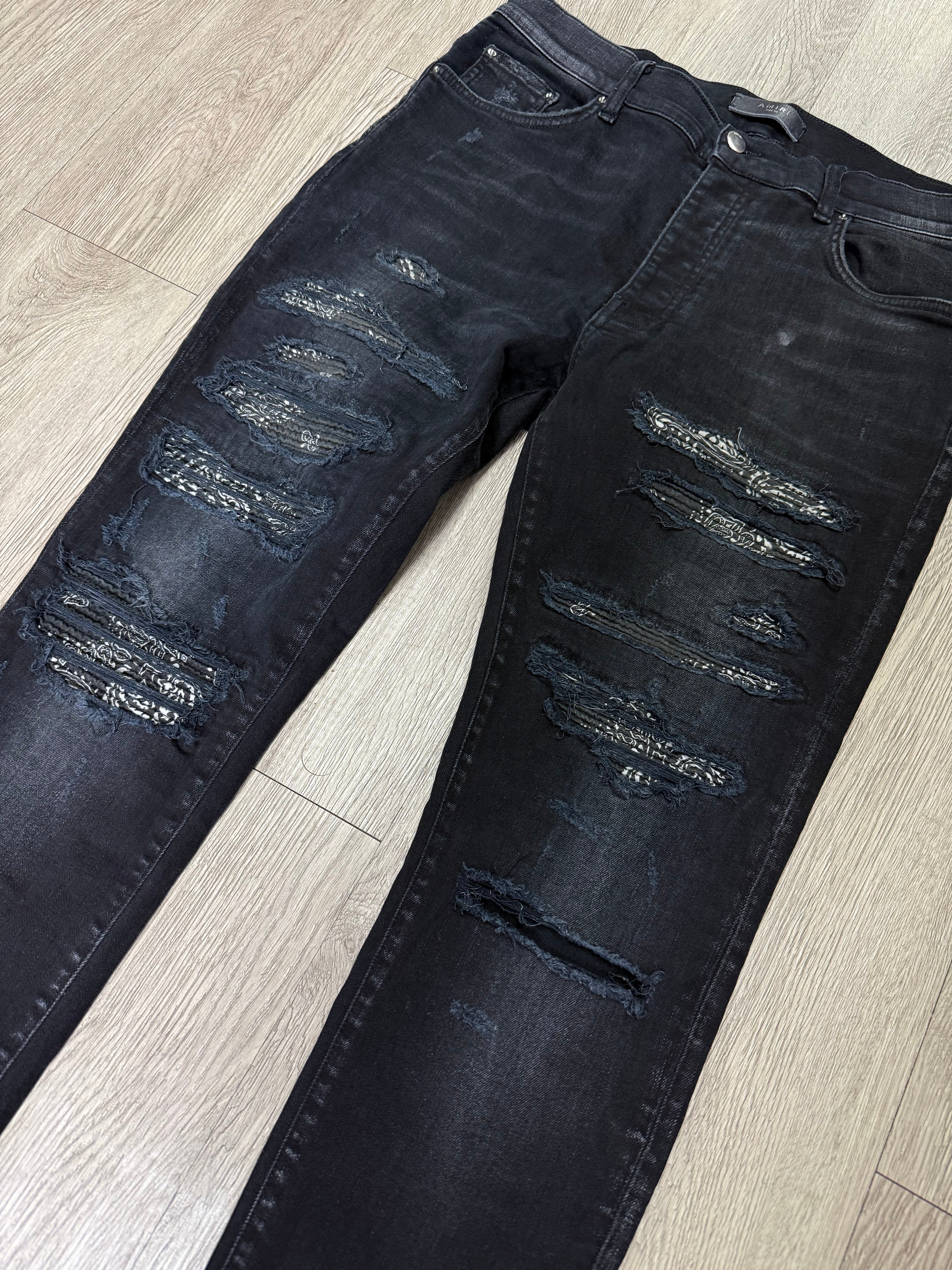 Amiri Black Wash Bandana Thrasher Patch Jeans