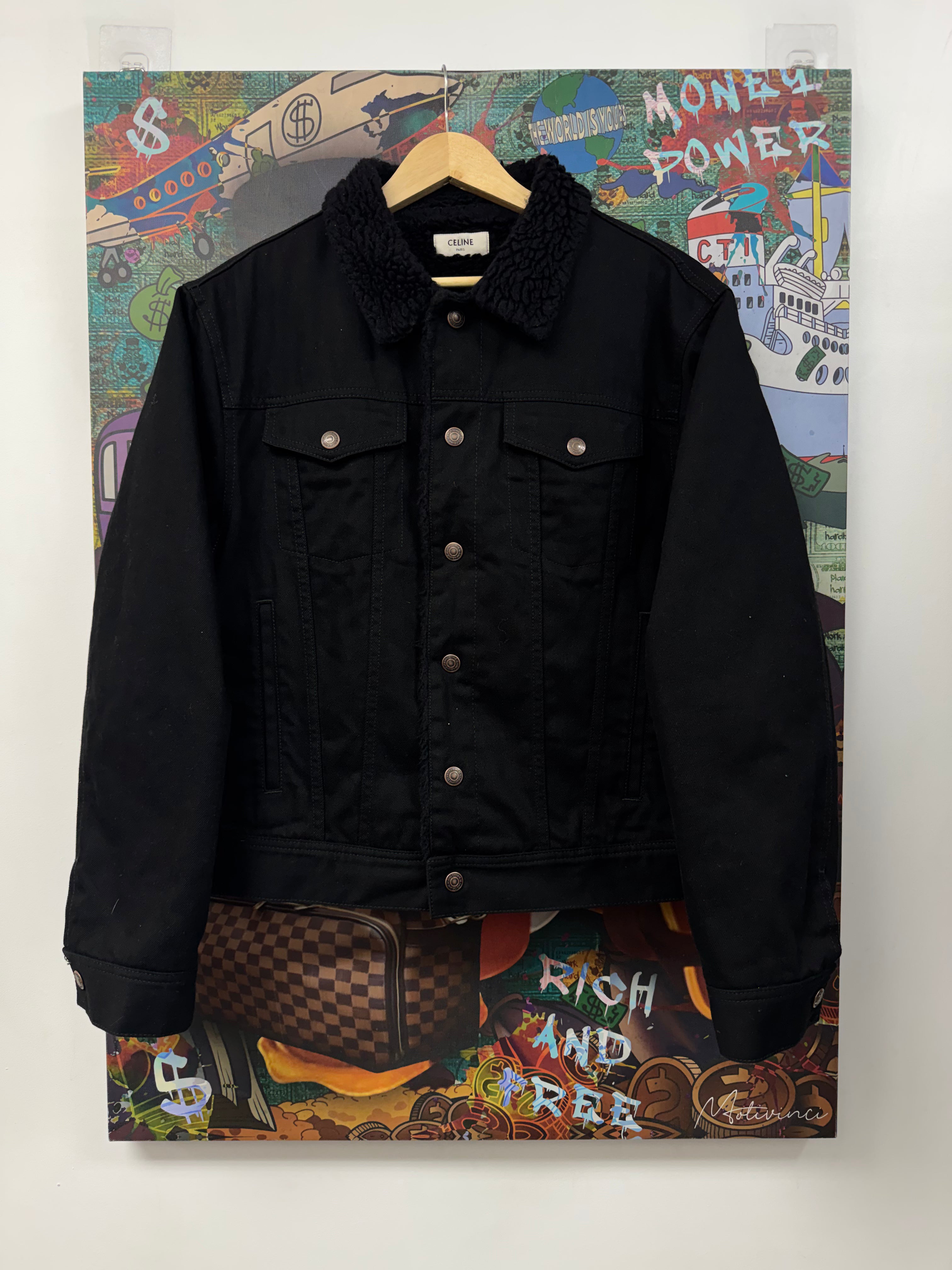Celine Sherpa Lined Rhinestone Logo Denim Jacket