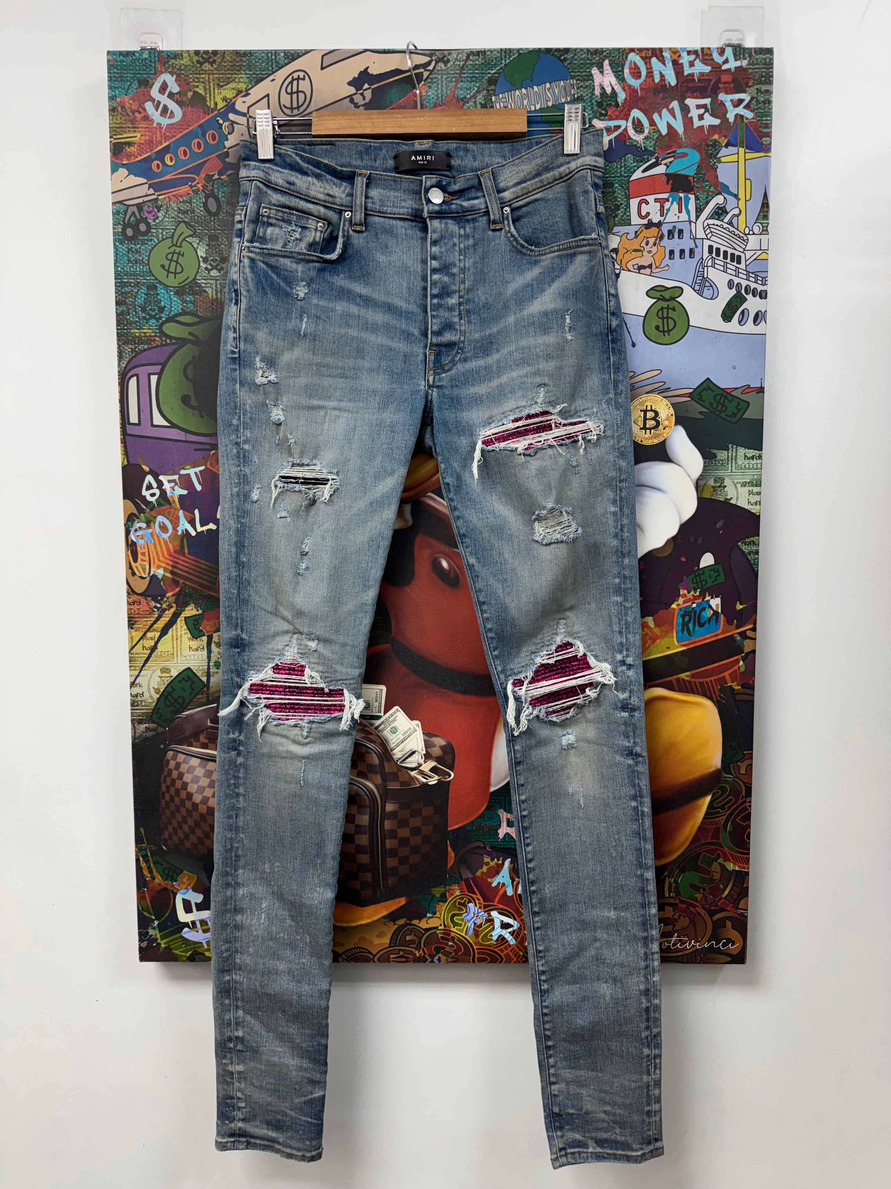 Amiri MX1 Light Wash Pink Crackle Patch Jeans