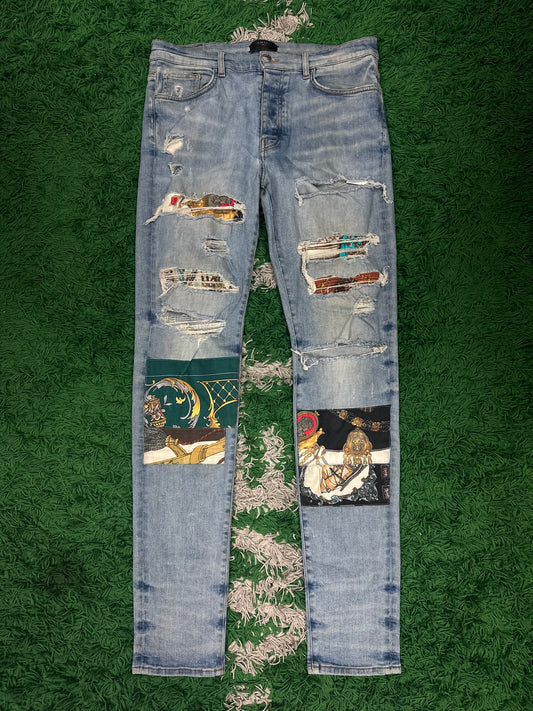 Amiri Jeans Patchwork Teal Chain 36 Used