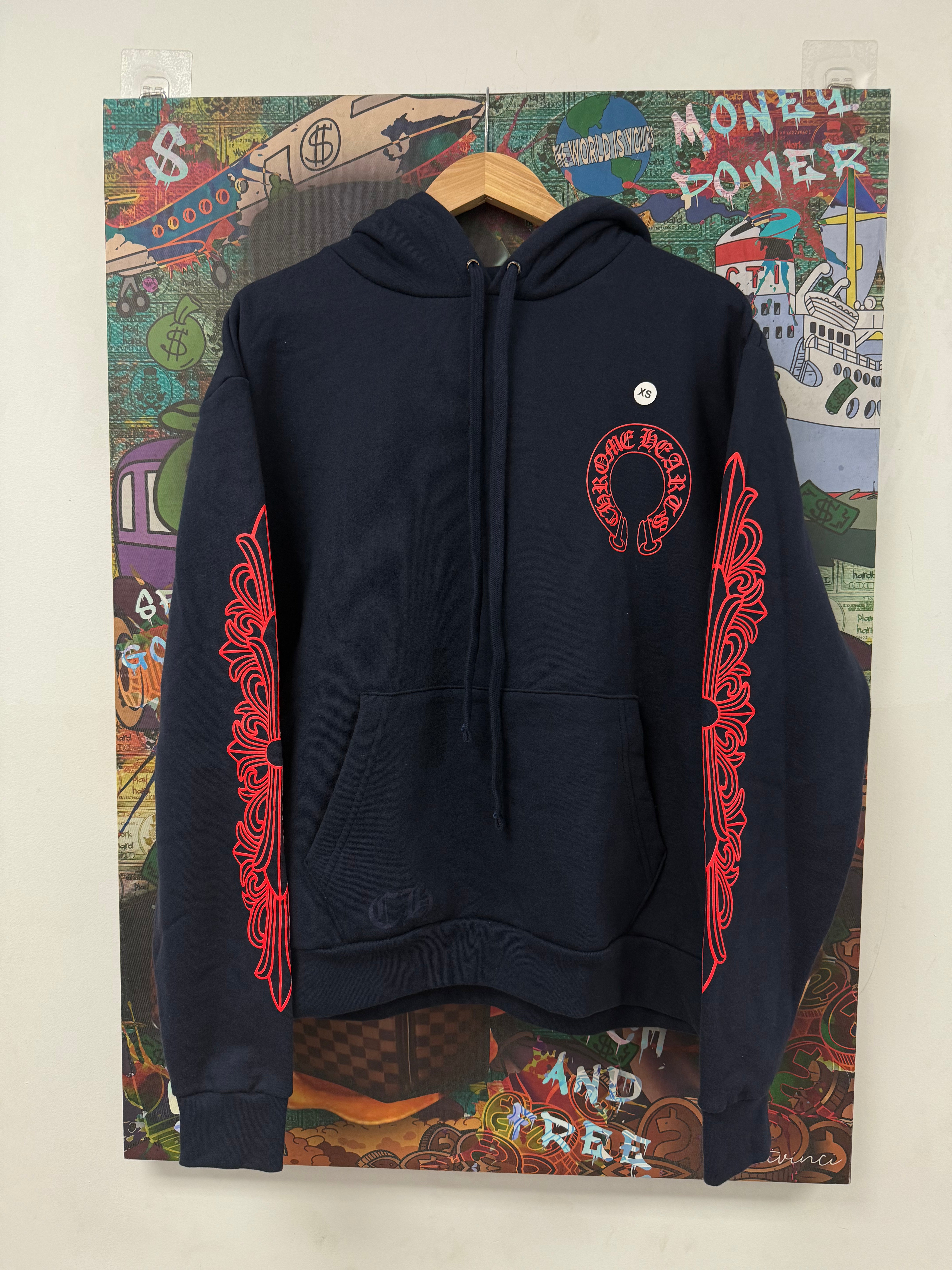 Chrome Hearts Floral Horseshoe Hoodie Navy Red New XS