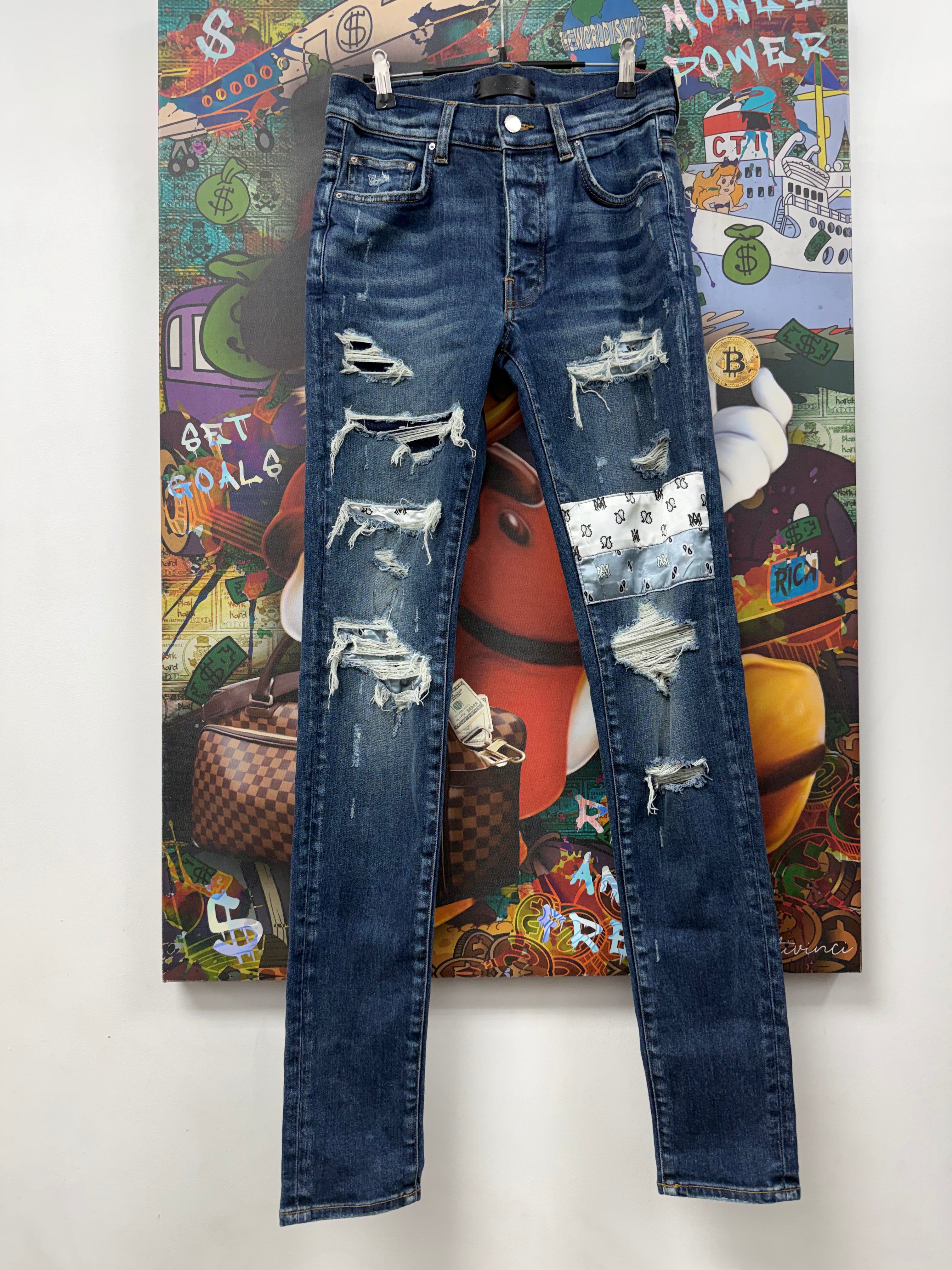 Amiri Dark Wash Paisley Silk Patchwork Jeans