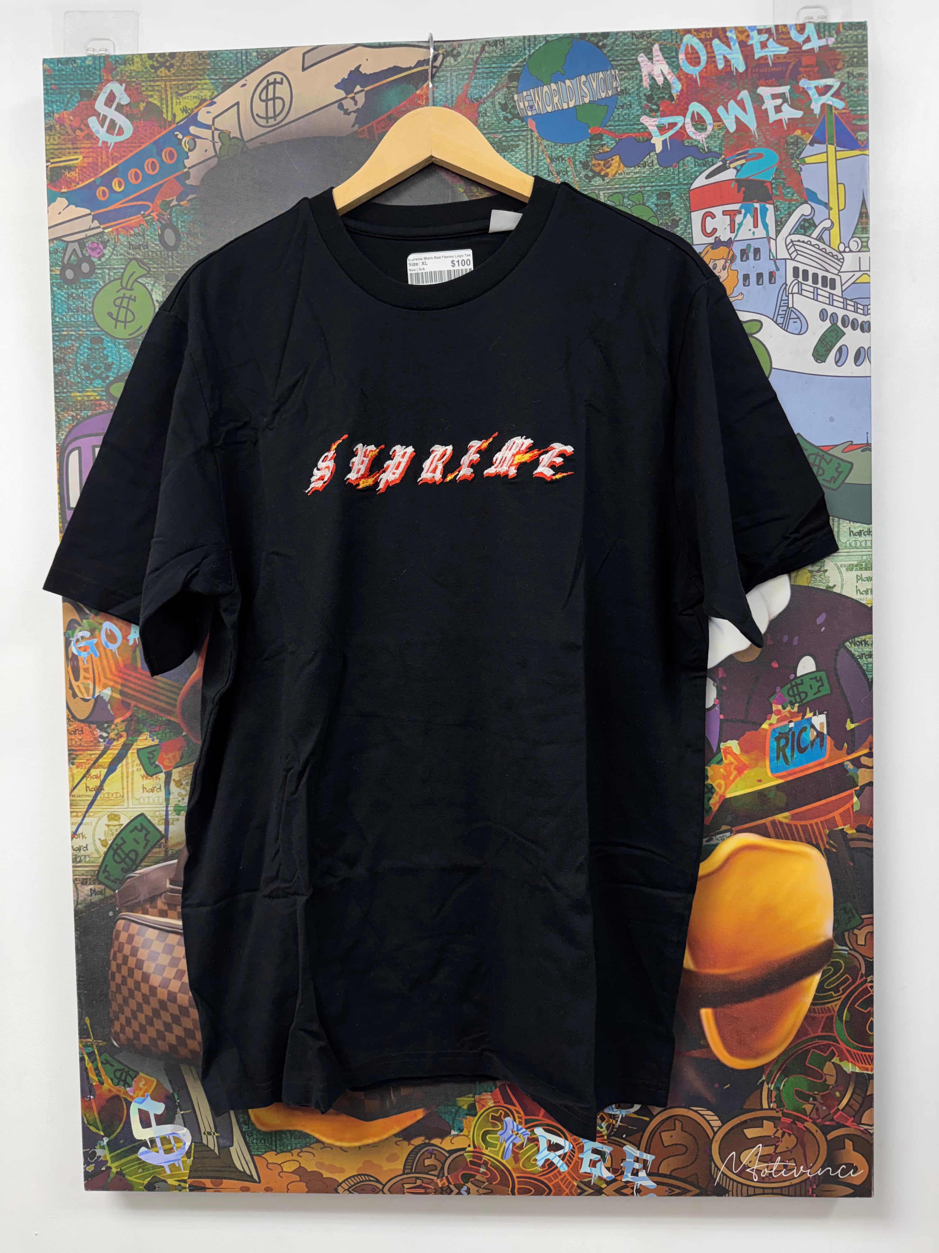 Supreme Black Red Flames Logo Tee