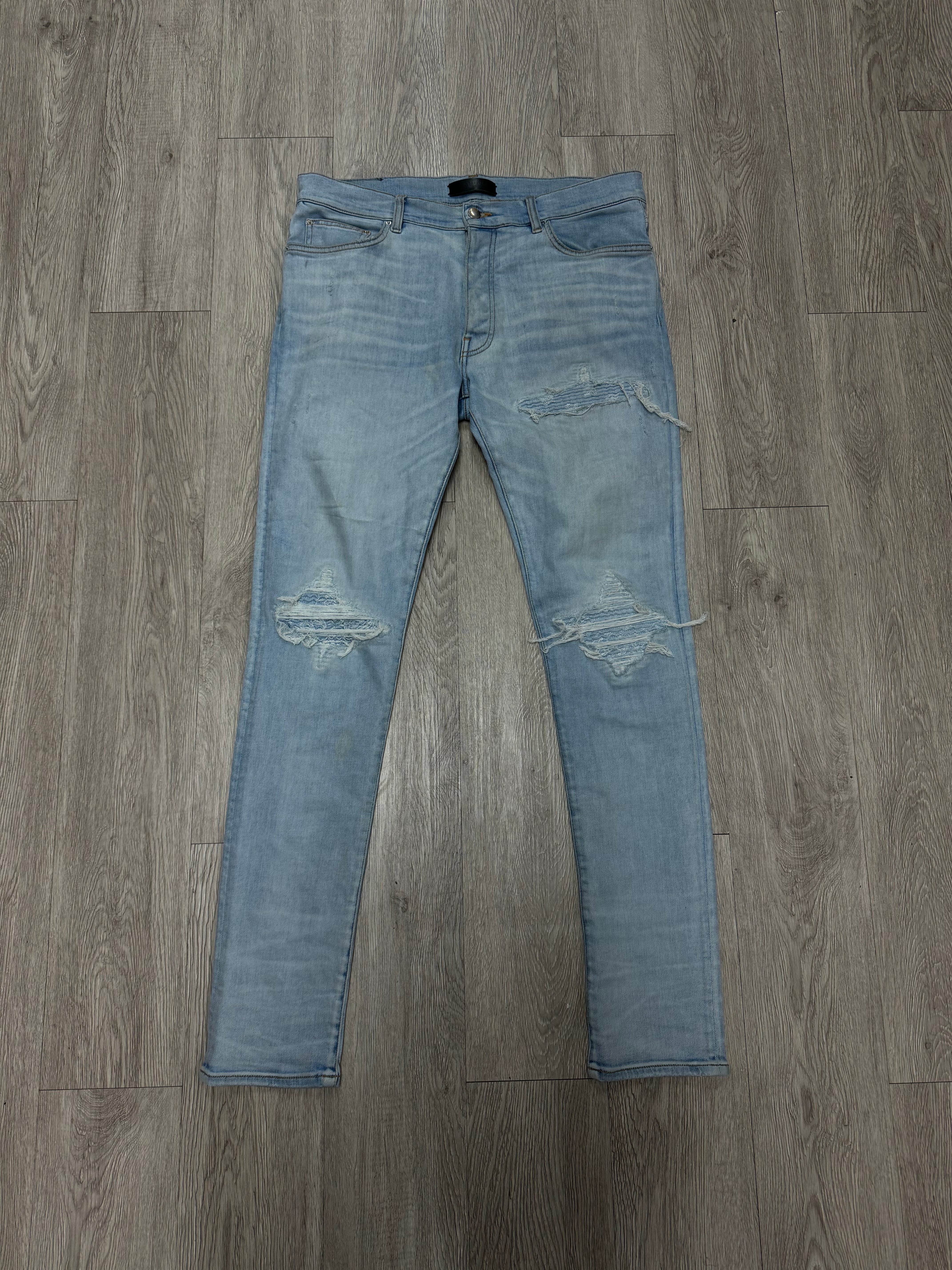 Amiri MX1 Light Wash Denim Paisley Patch Jeans