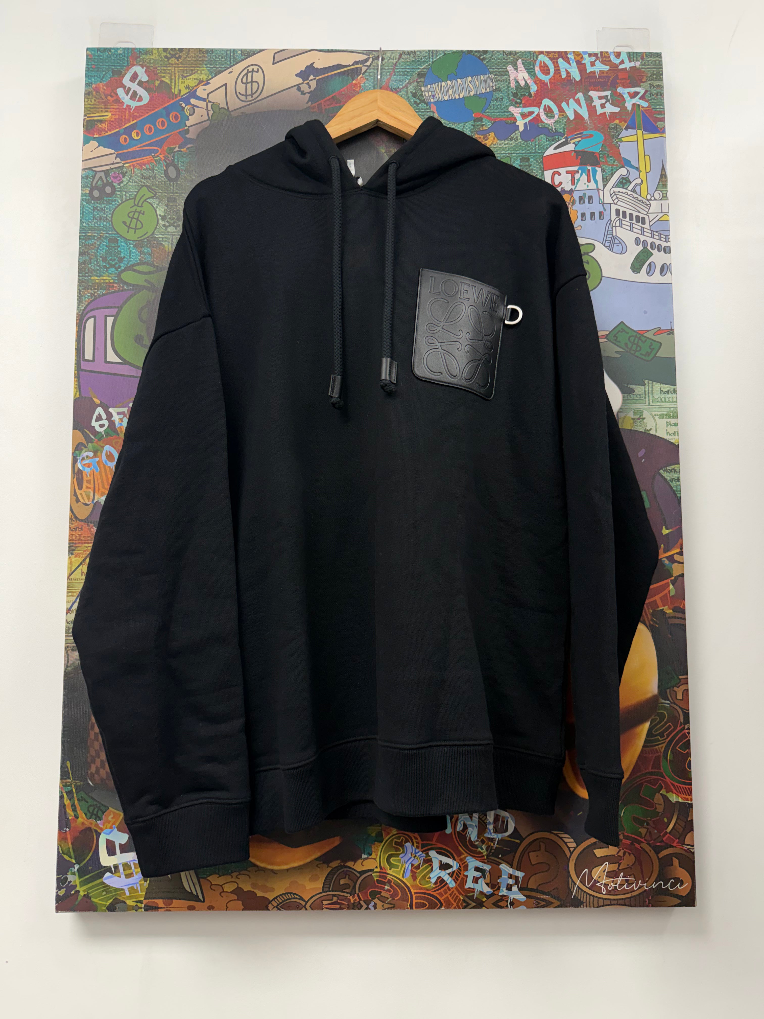 Loewe Black Leather Anagram Patch Hoodie