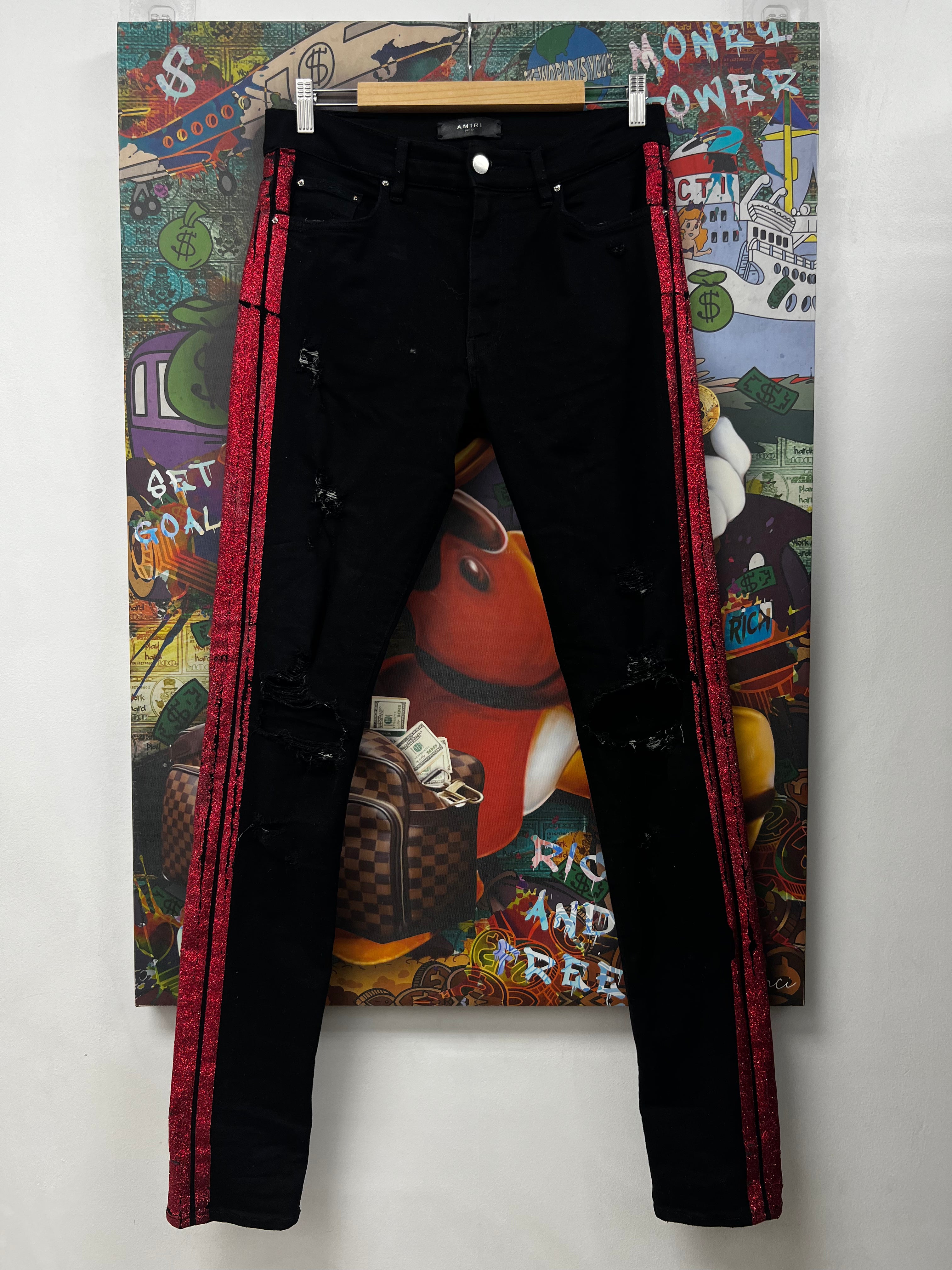 Amiri Black Red Glitter Stripe Jeans