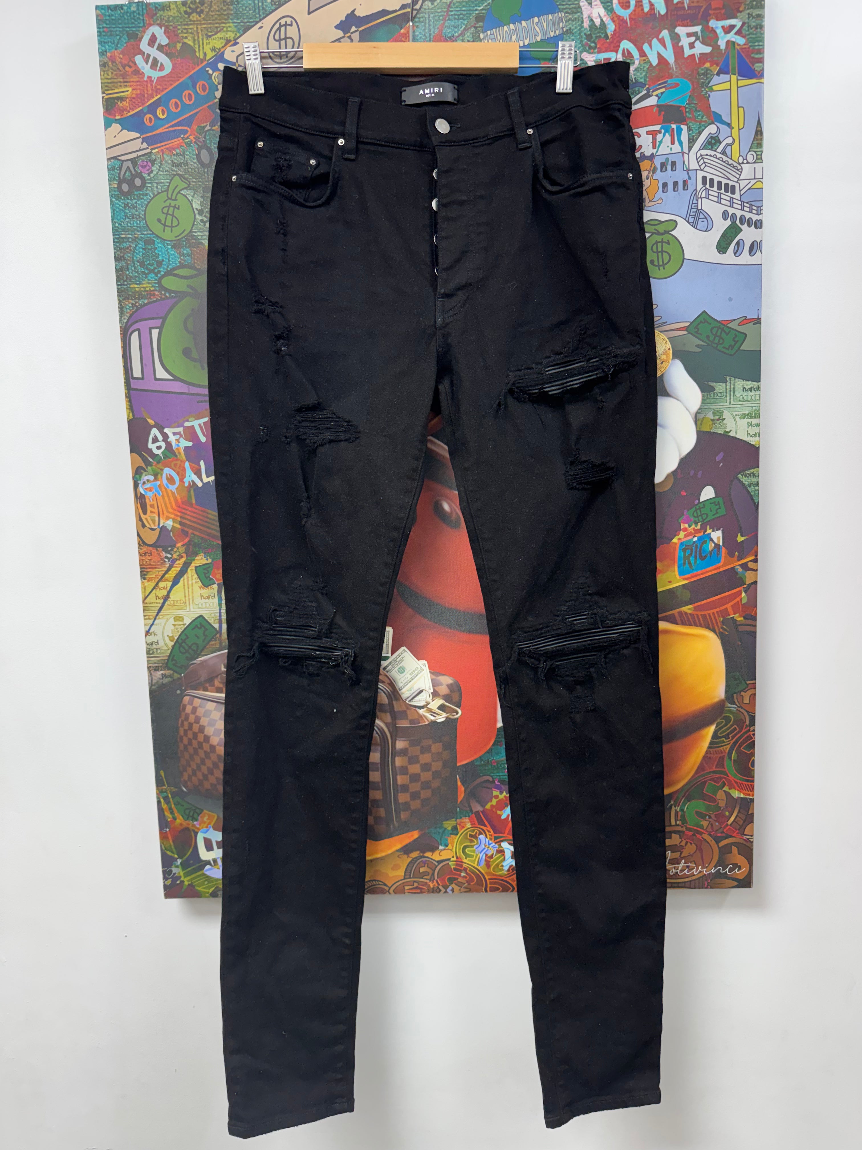 Amiri MX1 Black Black Leather Patch Jeans
