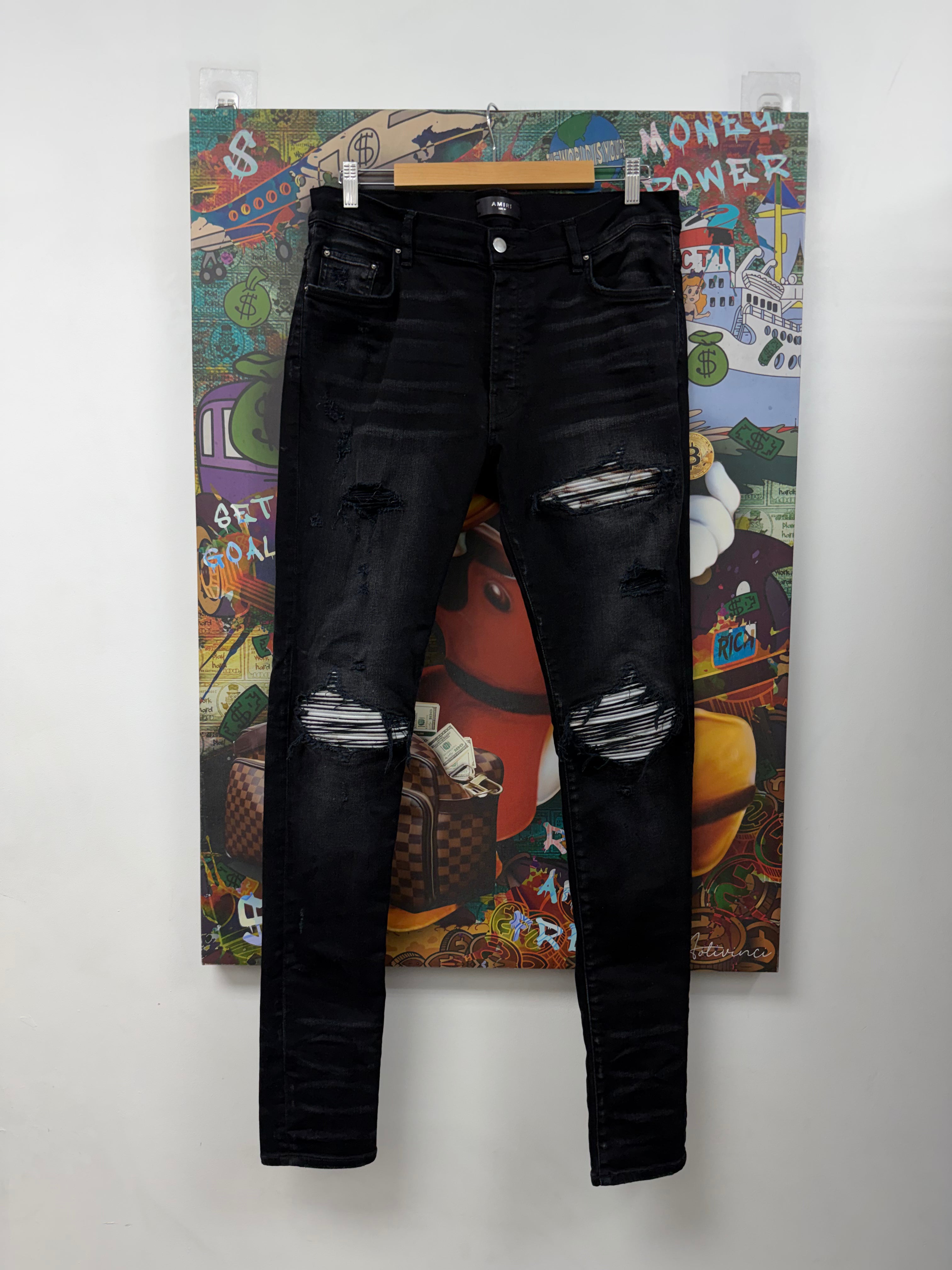 Amiri MX1 Black Wash Marble Patch Jeans