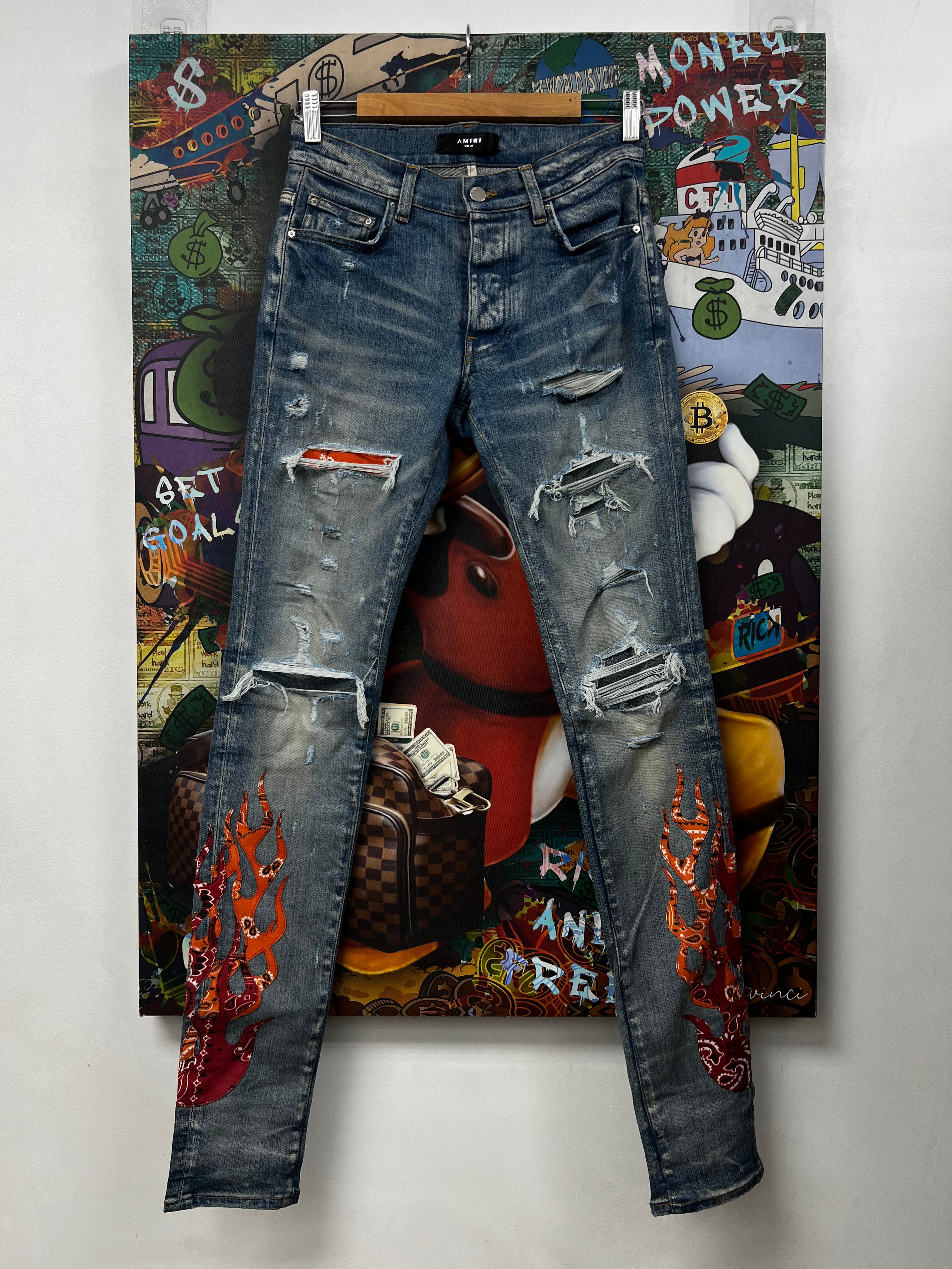 Amiri Light Wash Orange Paisley Flames Jeans
