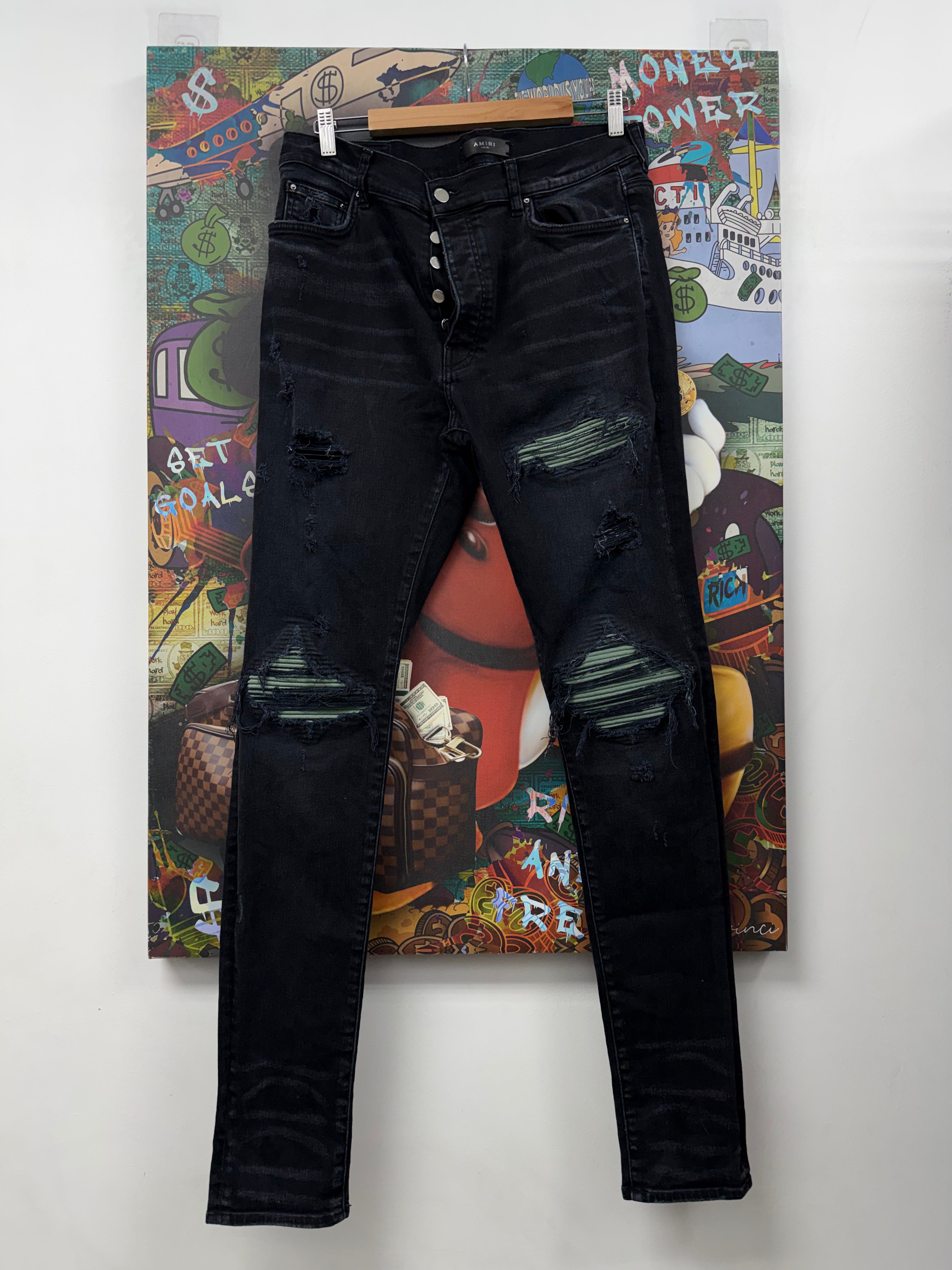 Amiri MX1 Black Wash Olive Suede Patch Jeans