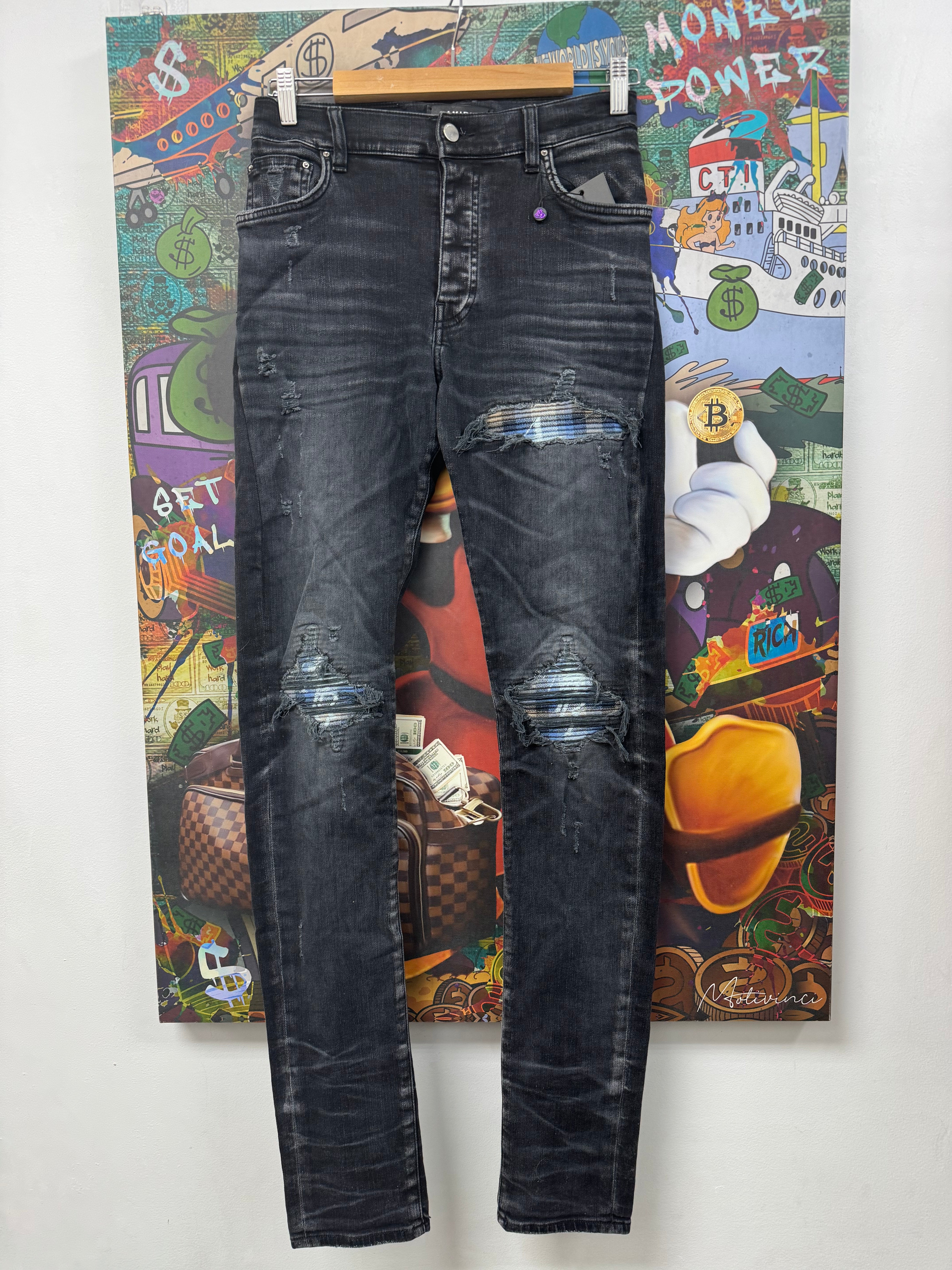Amiri Black Wash Blue Cream Plaid MX1 Jeans