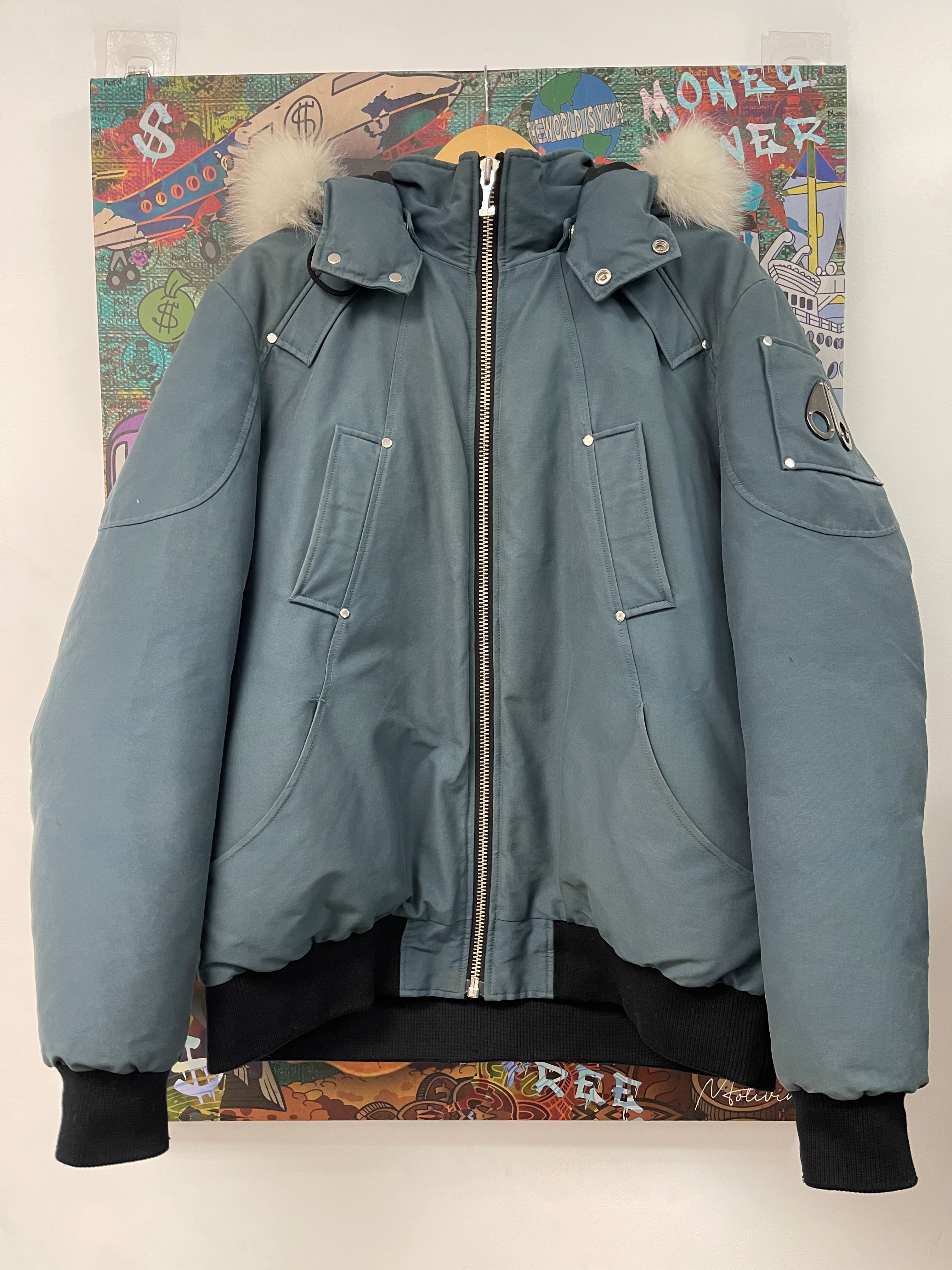 Moose Knuckles Powder Blue White Fur Bomber Jacket