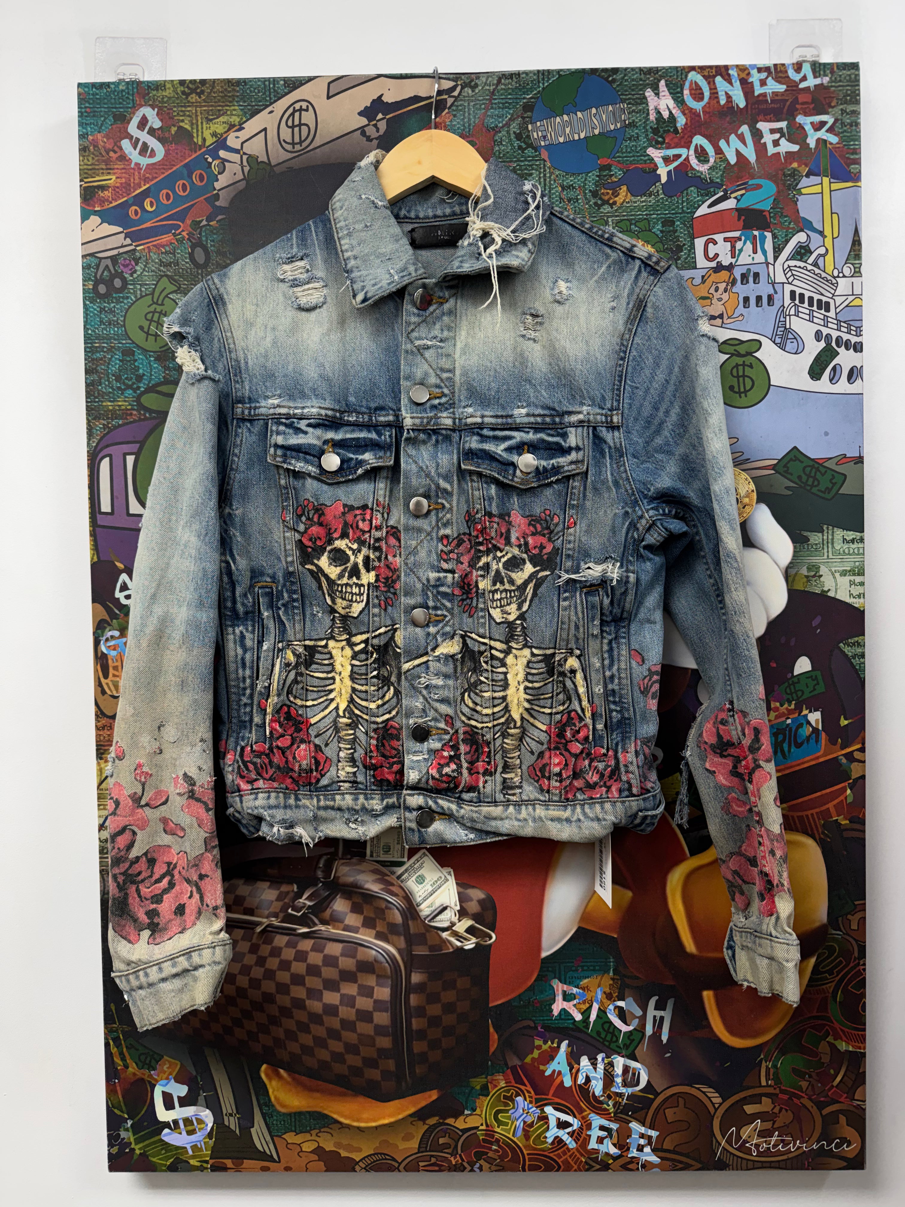 Amiri Distressed  Floral Skeleton Denim Jacket