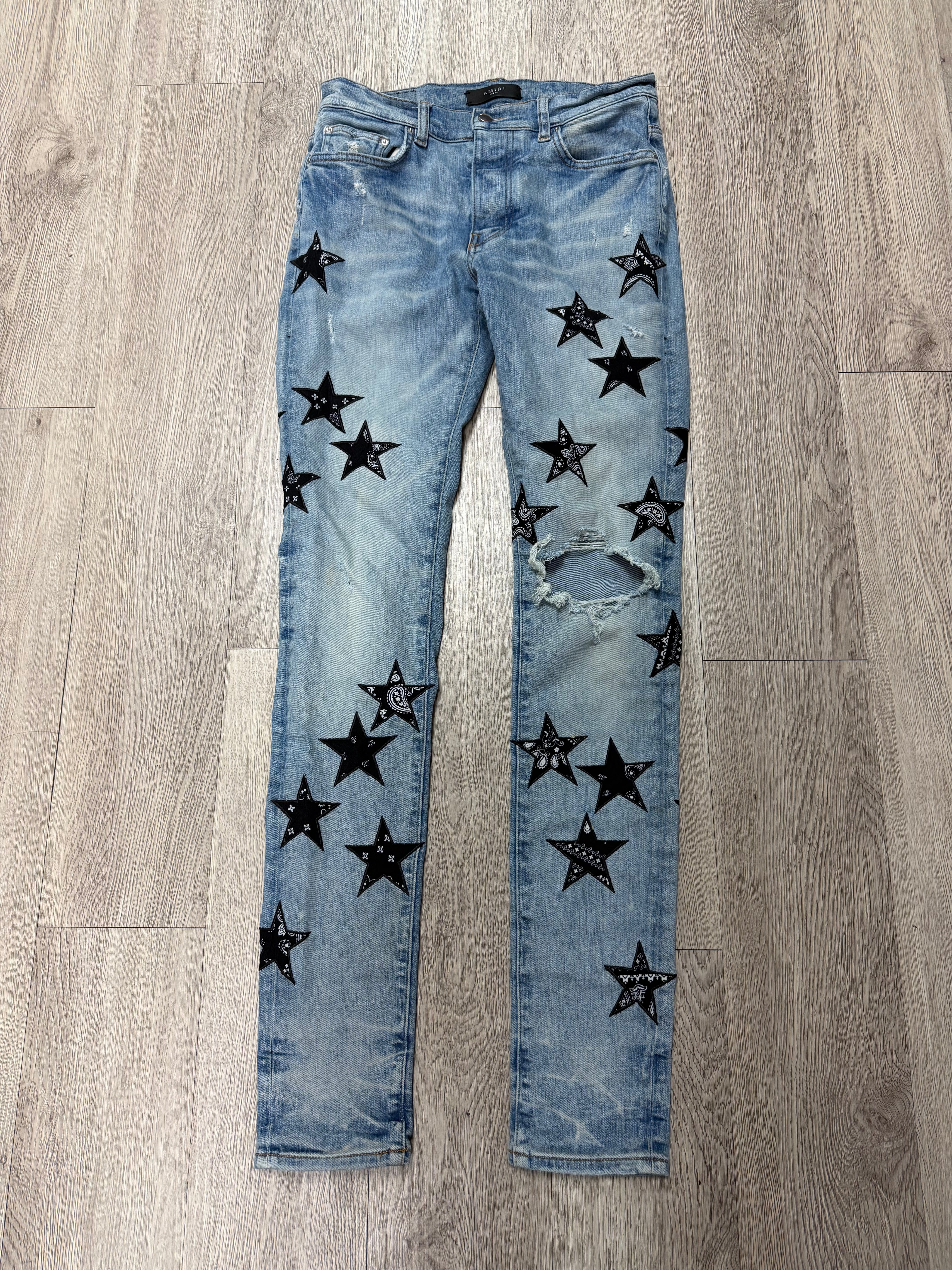 Amiri Light Wash Black Paisley Stars Jeans