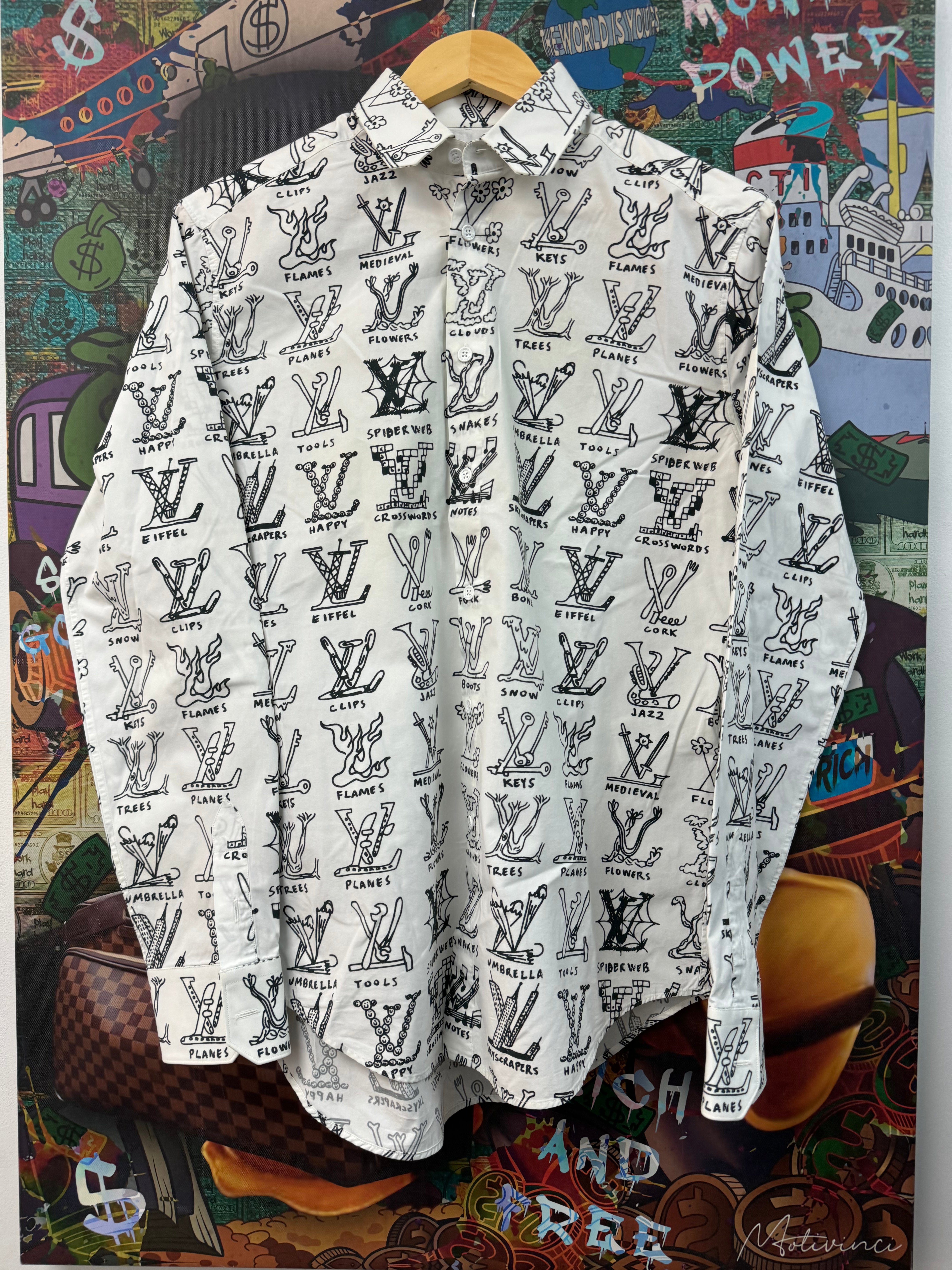 Louis Vuitton White Black Multi Logo Print Button Up Shirt