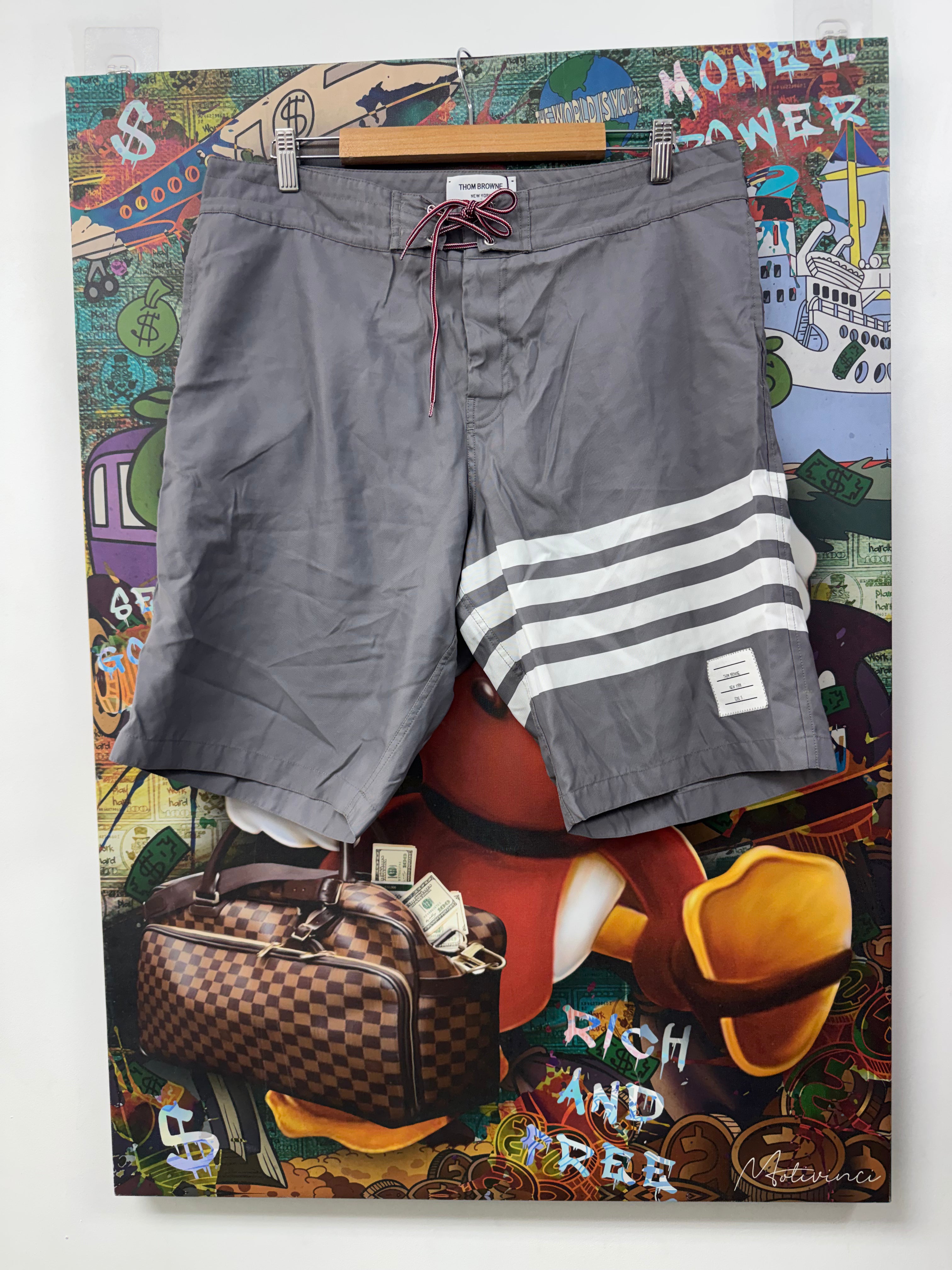 Thom Browne Grey White 4 Bar Swim Trunks