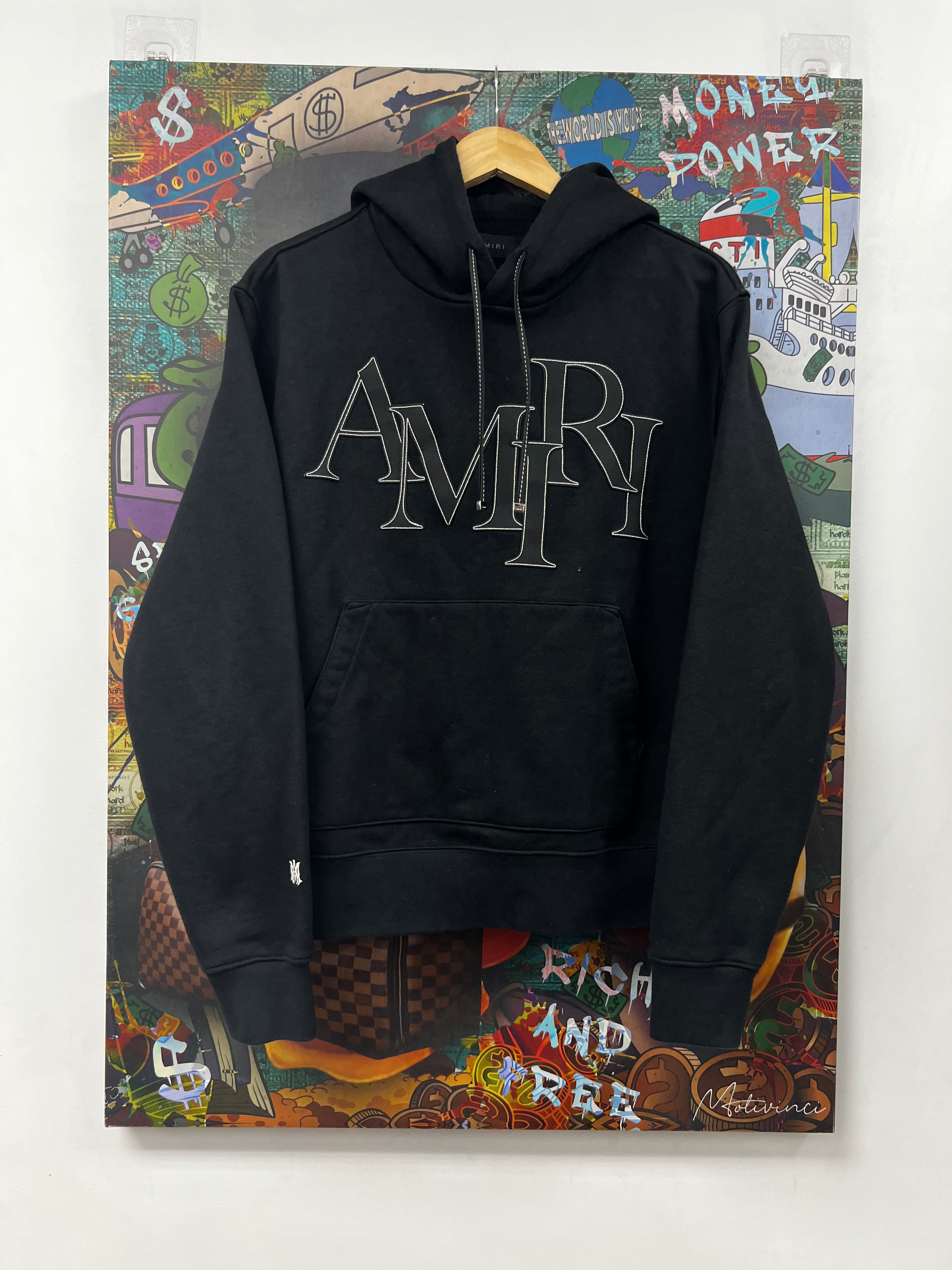 Amiri Black Leather Patch Staggered Side Hoodie