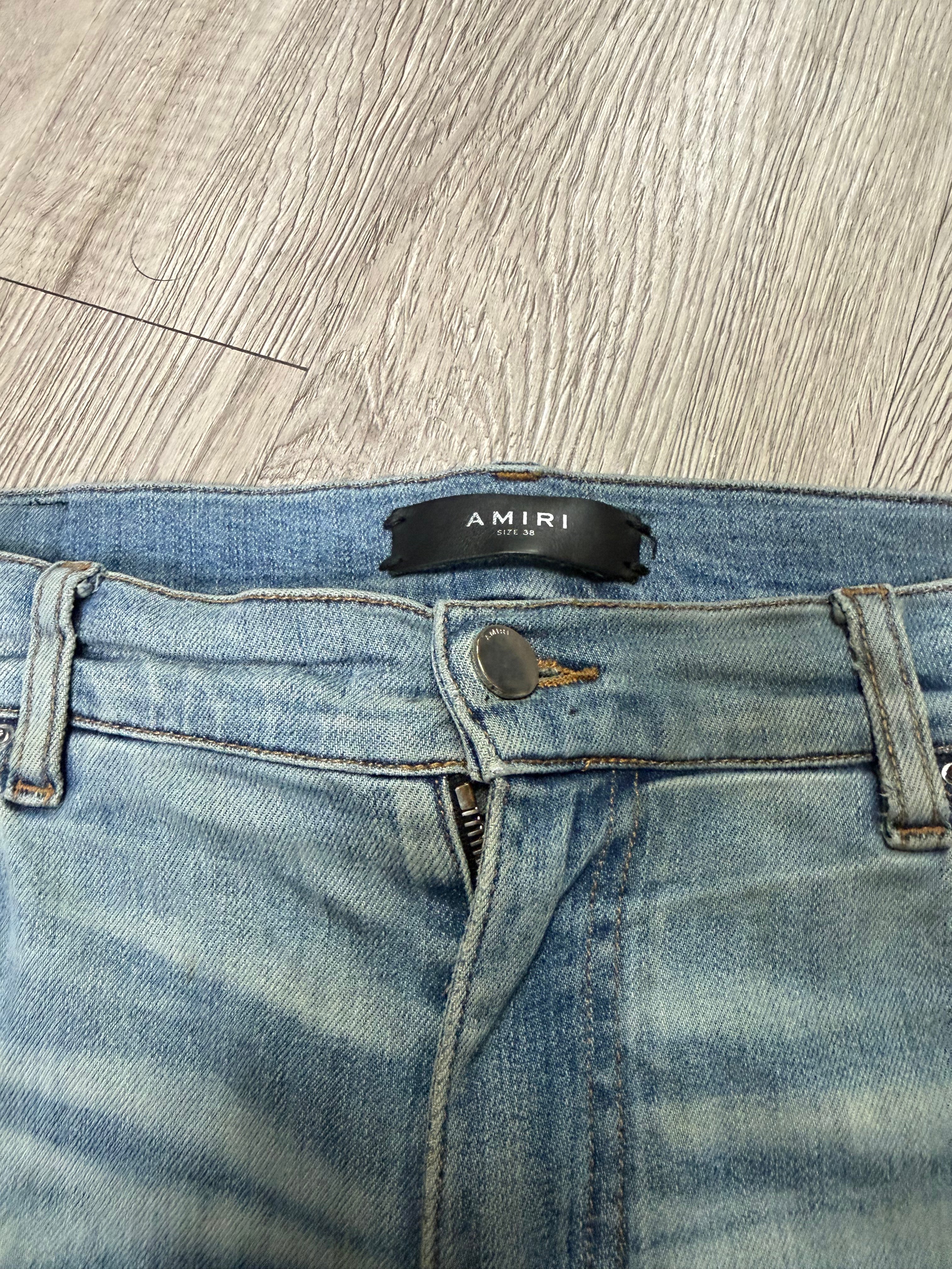Amiri MX1 Light Wash Black Leather Patch (Zipper) Jeans