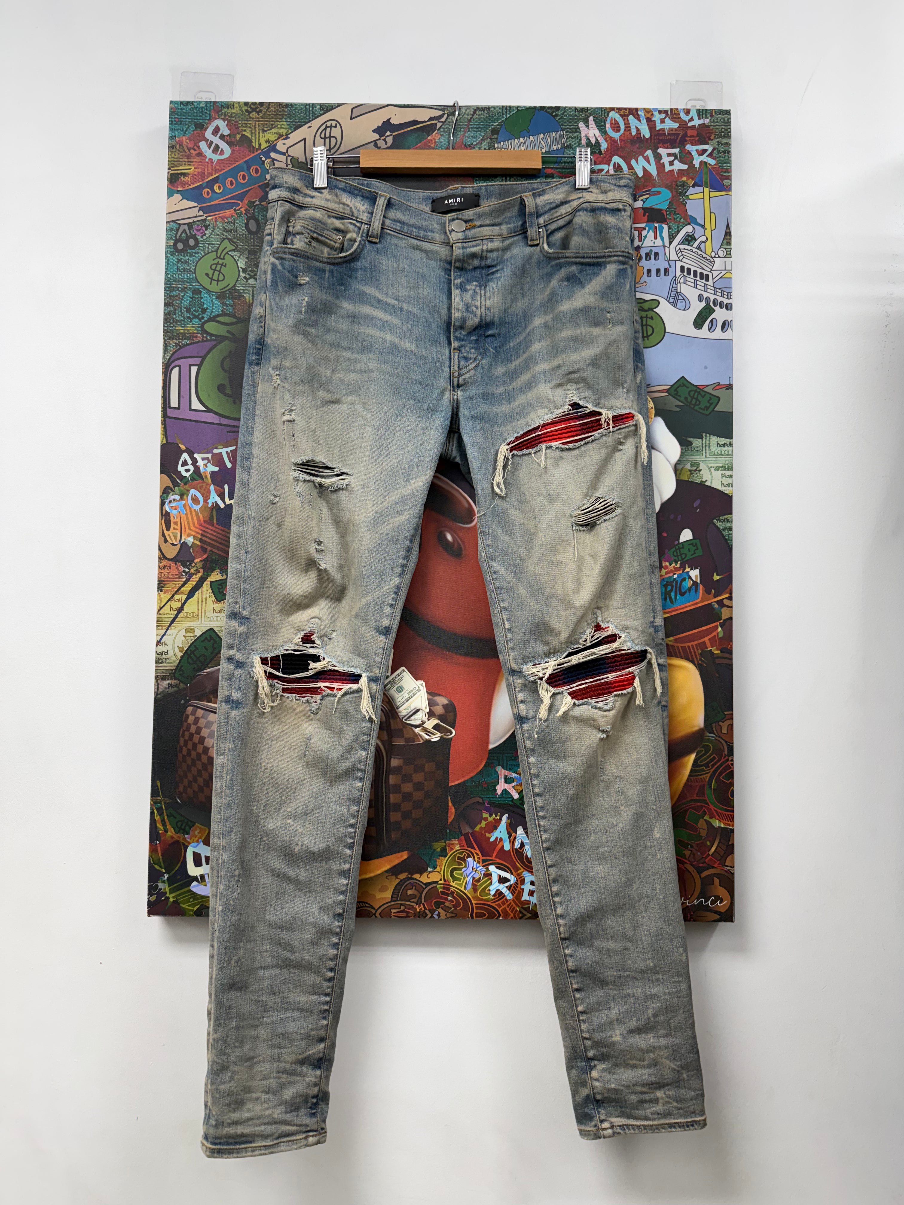 Amiri MX1 Light Wash Navy Red Plaid Patch Jeans
