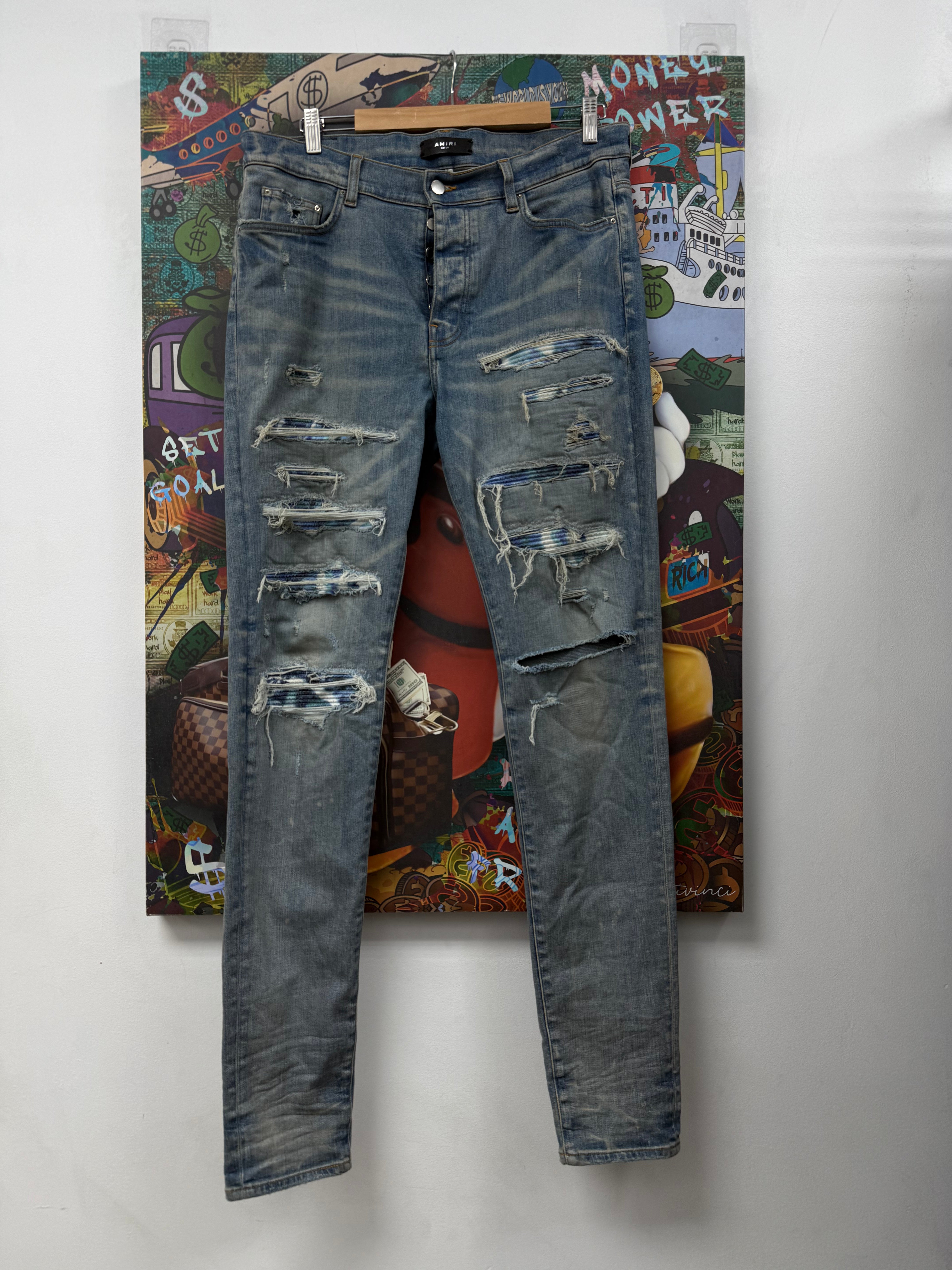 Amiri Light Wash Honeycomb Tie Dye Thrasher Patch Jeans
