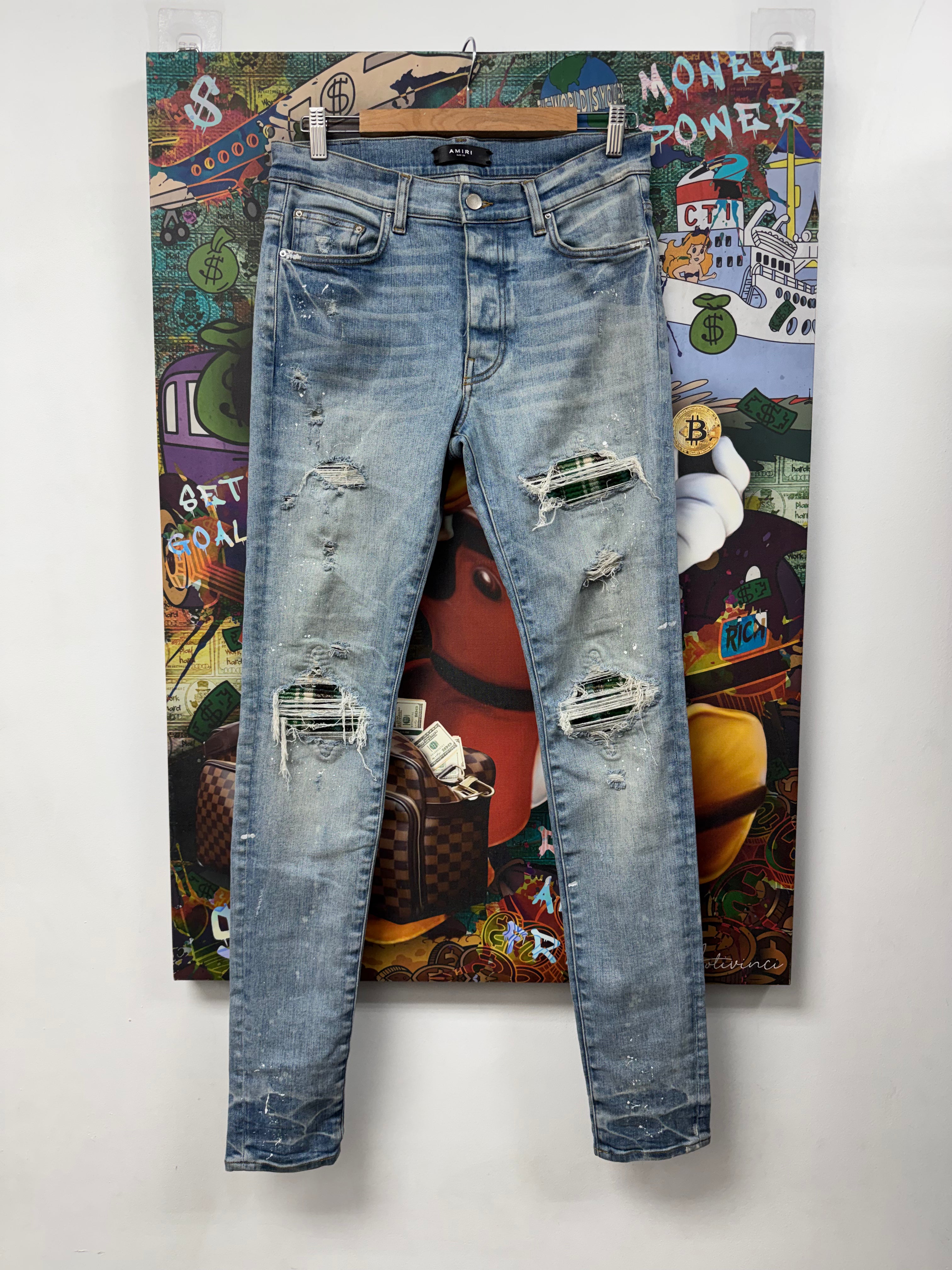 Amiri Mx1 Light Wash Green Plaid Jeans
