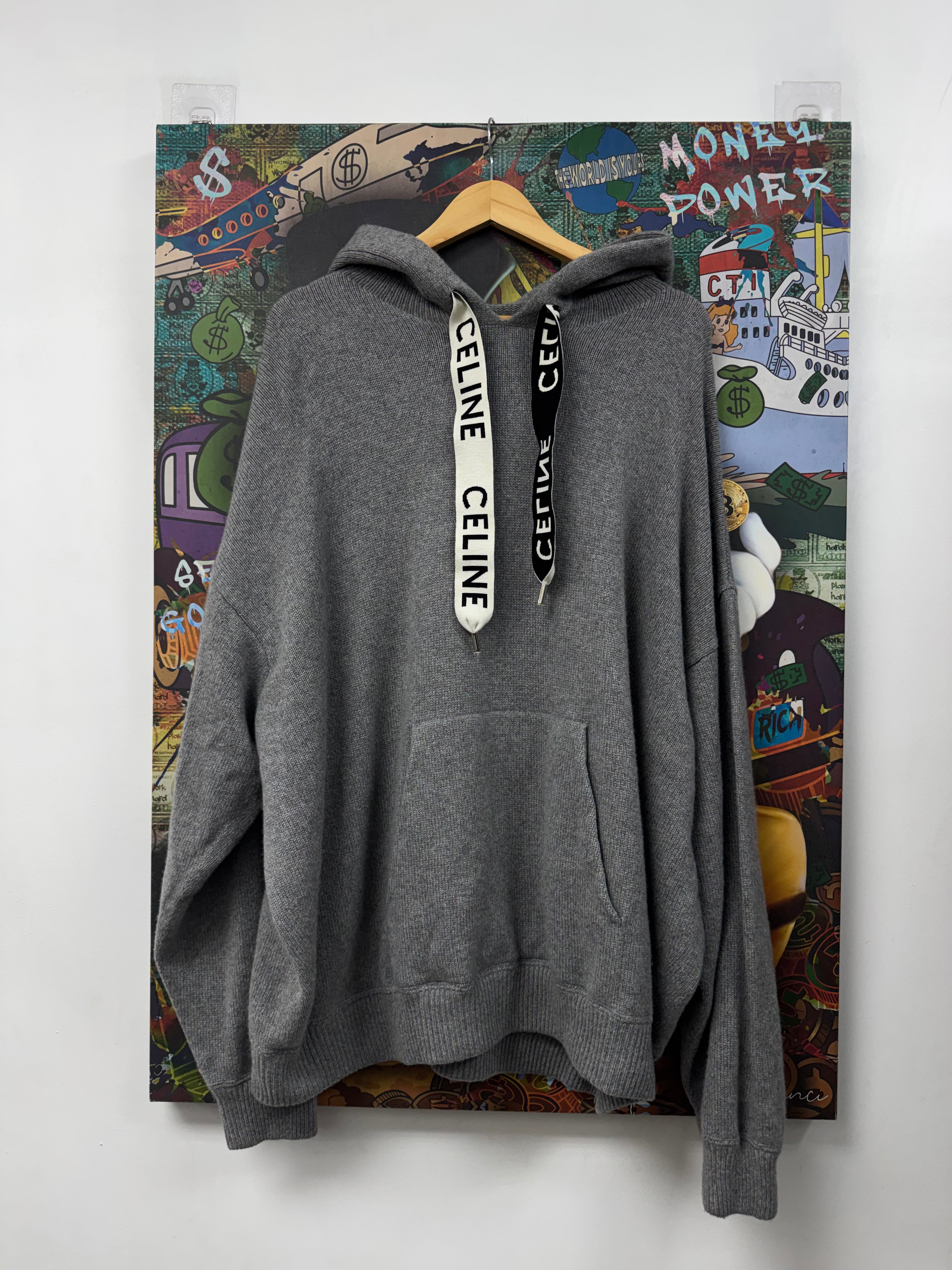 Celine Grey Cashmere Drawstring Logo Hoodie
