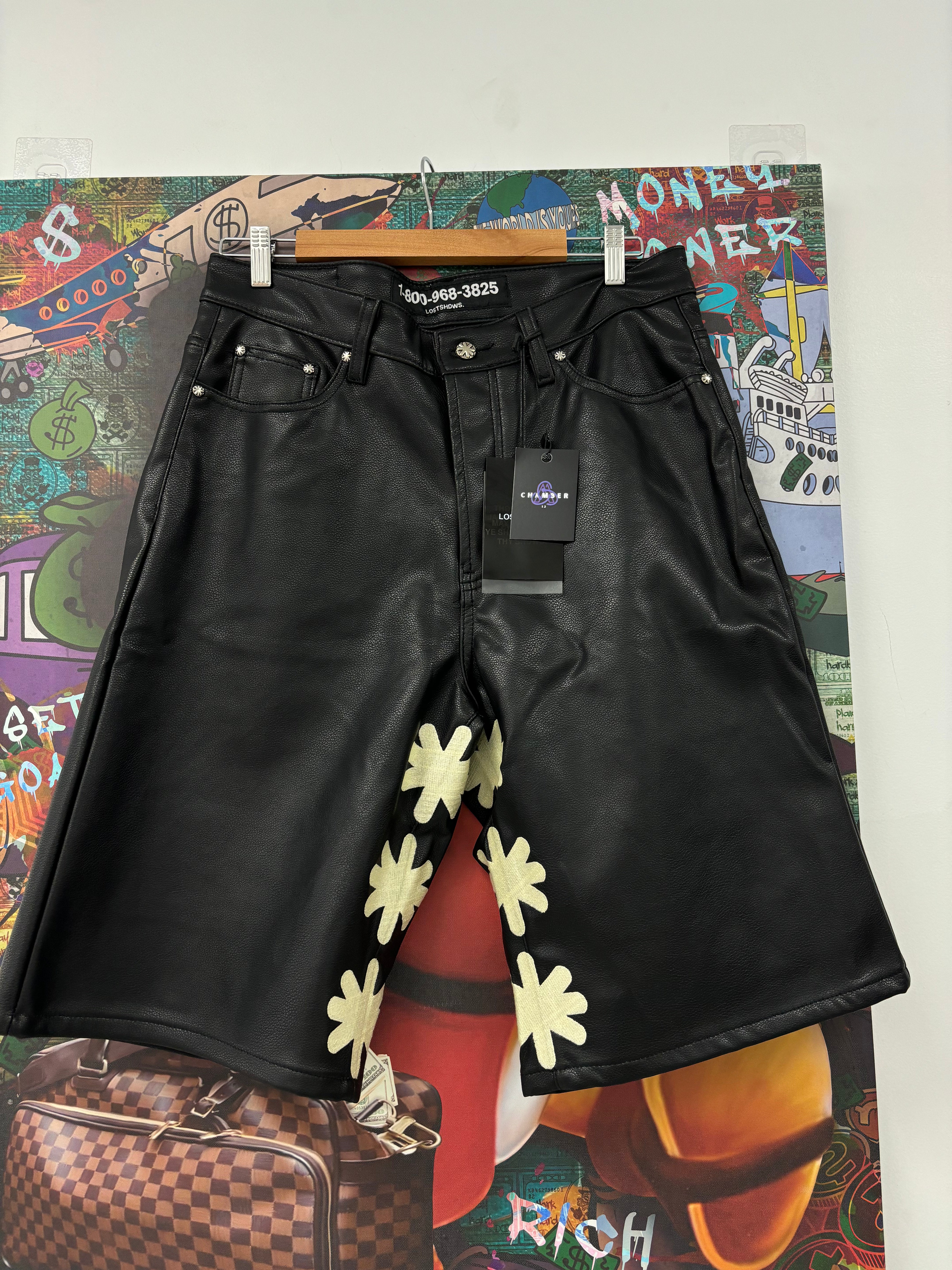 LOSTSHDWS Leather Sun Logo Shorts Black Bone