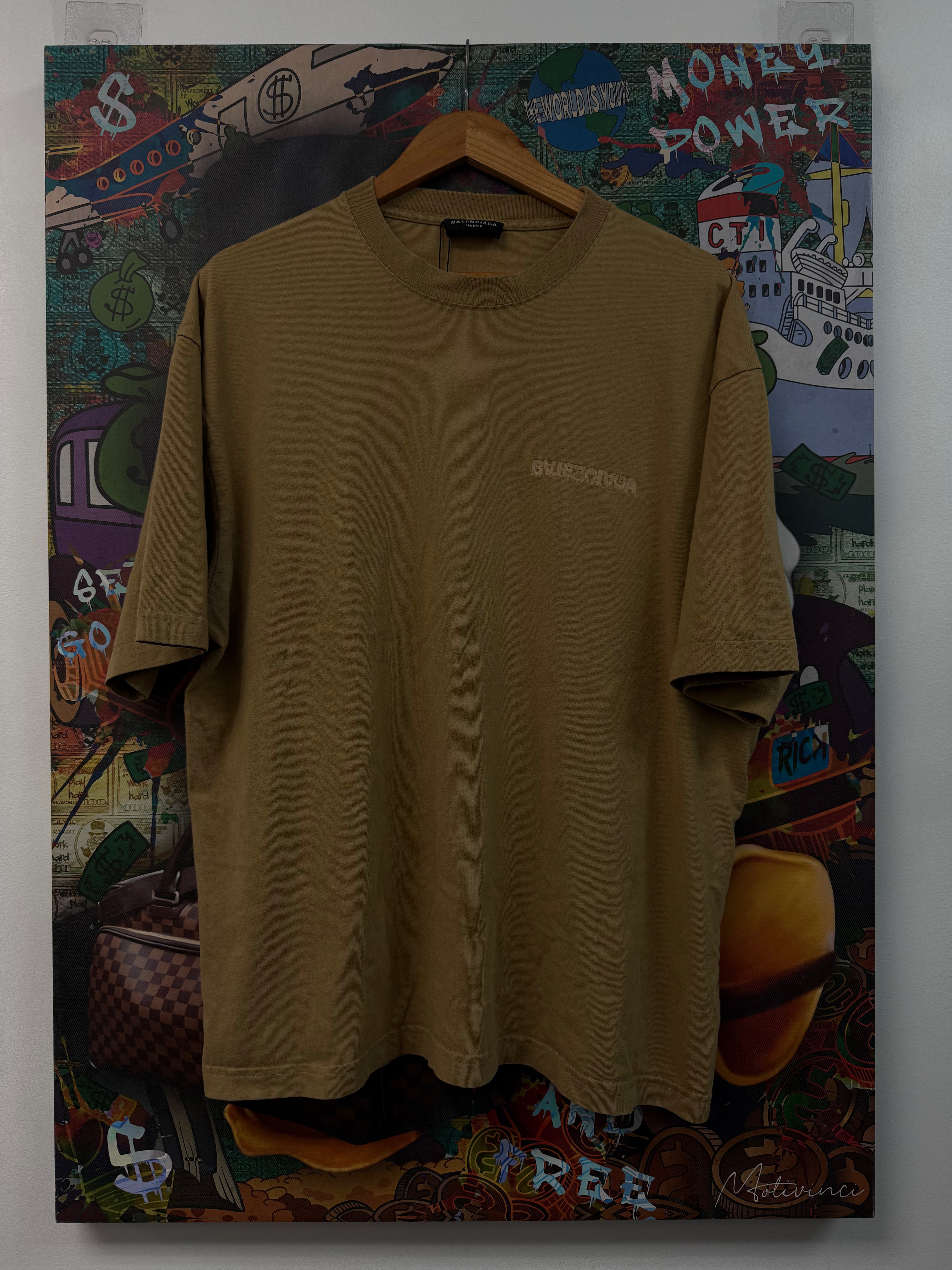 Balenciaga Tan Stitched Logo Tee