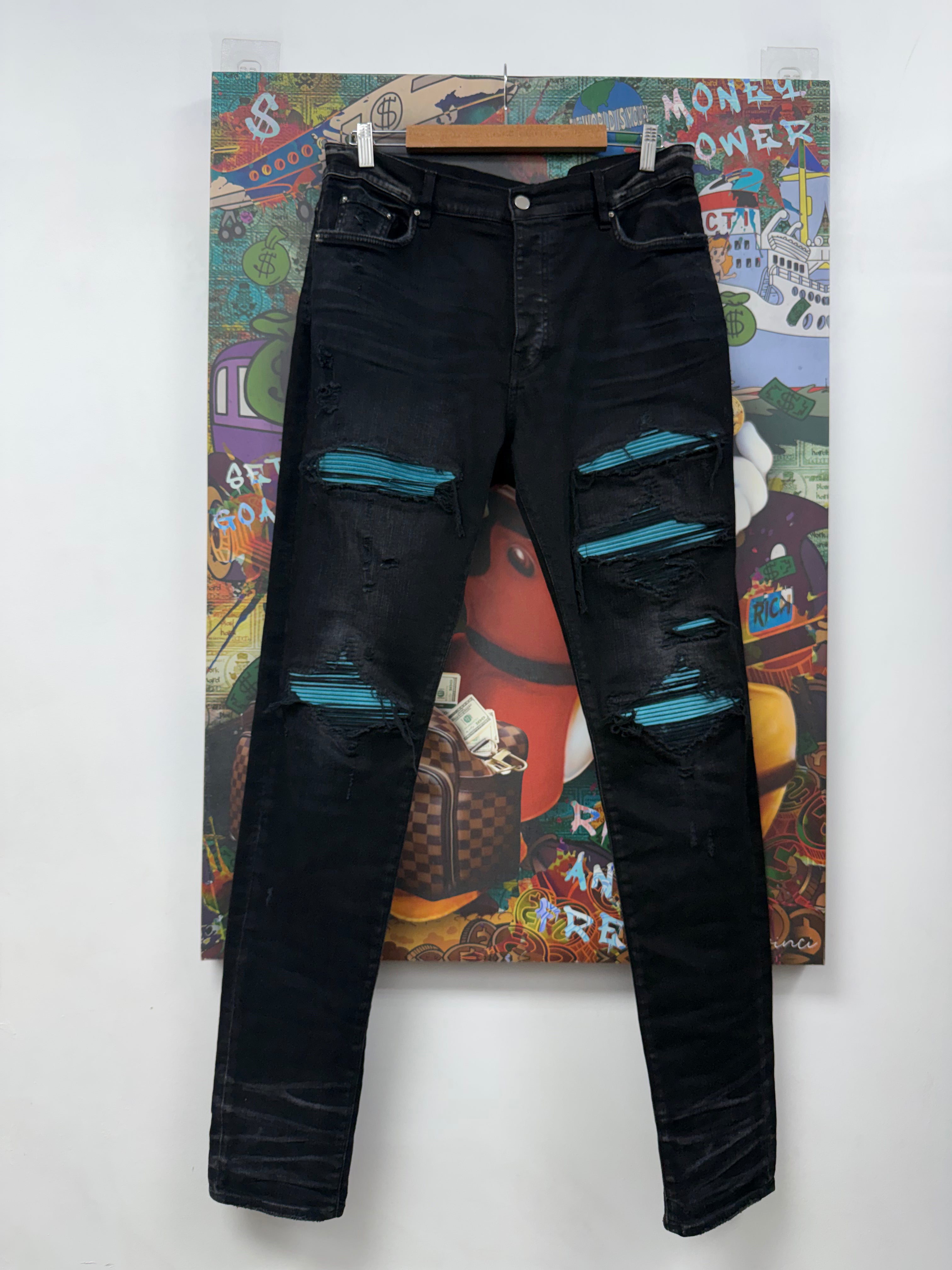 Amiri Blach Wash Turquoise Ultra Suede Thrasher Patch Jeans