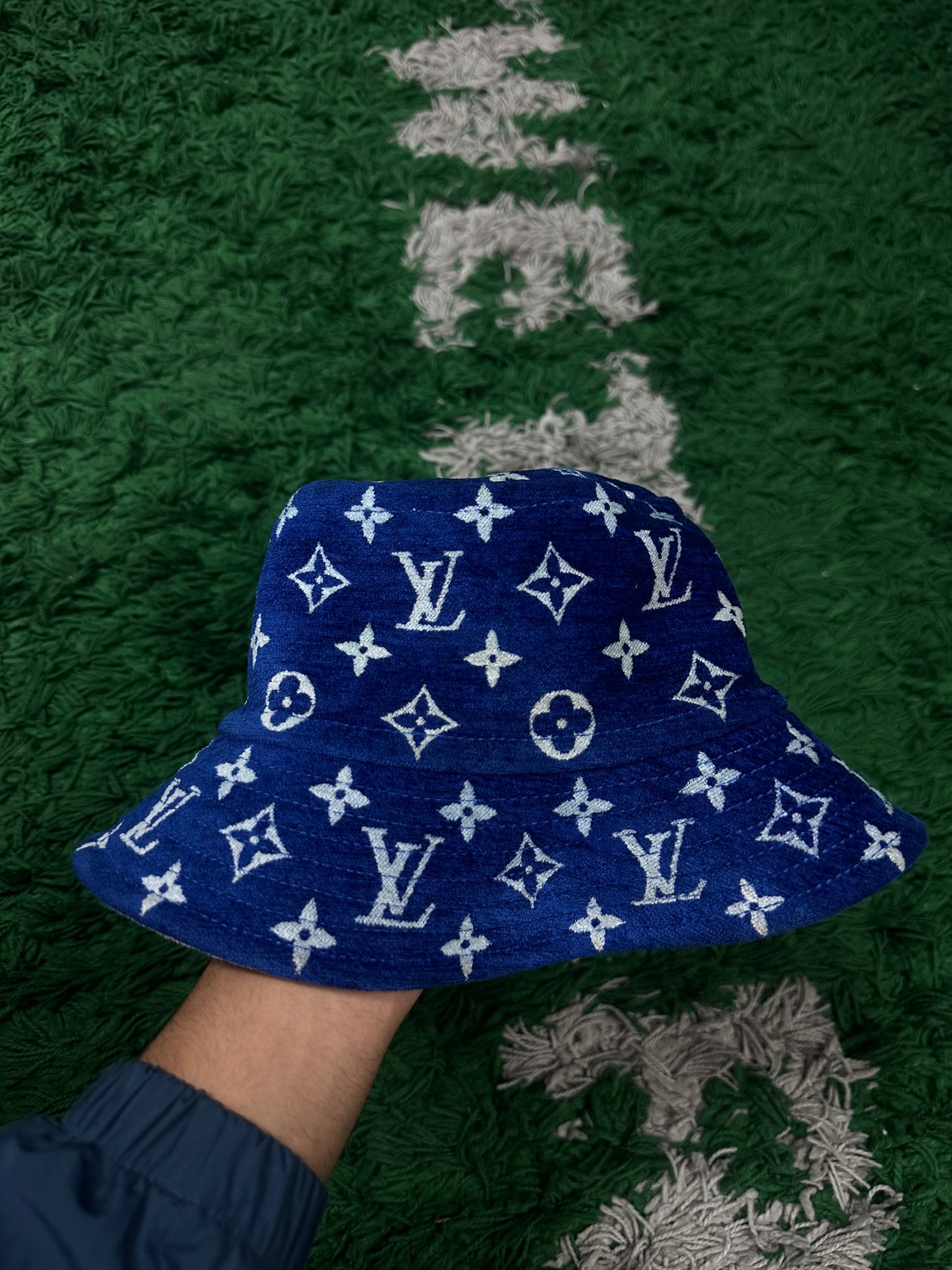 LV Velour Monogram Bucket Hat Royal Blue Used OS