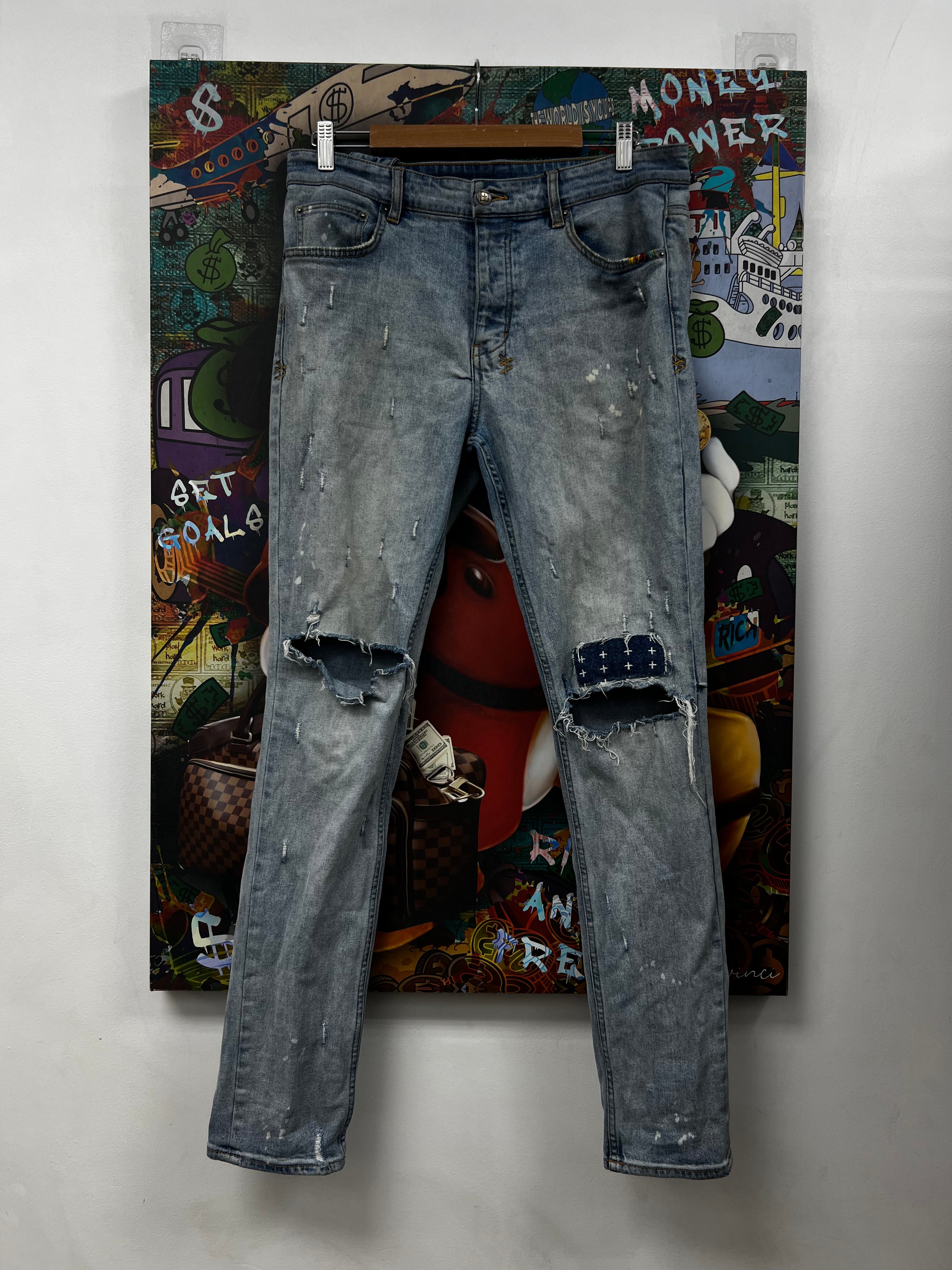 Ksubi Light Wash Knee Patchwork Ripped Jeans