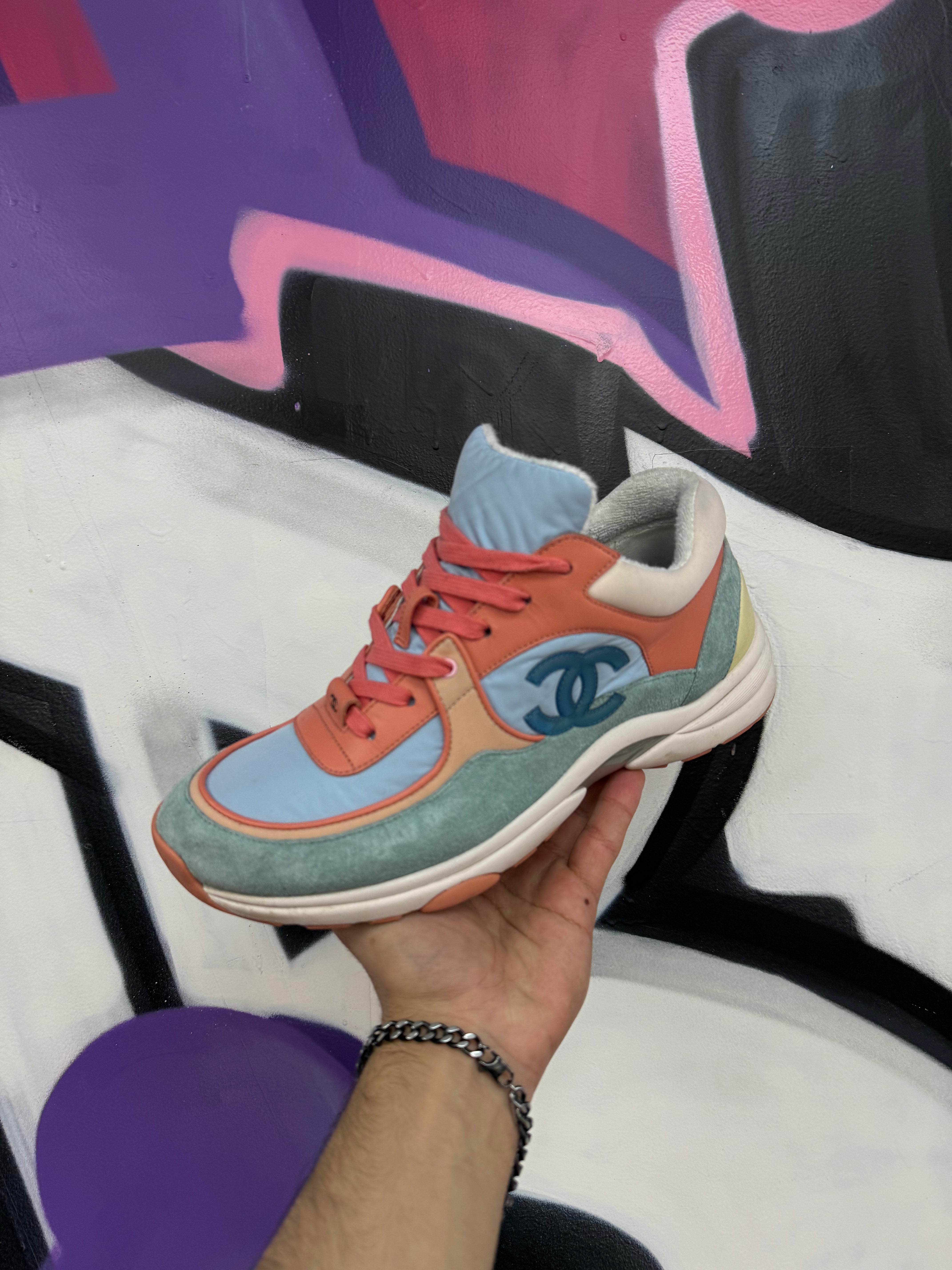 Chanel Salmon Teal CC Logo Sneakers