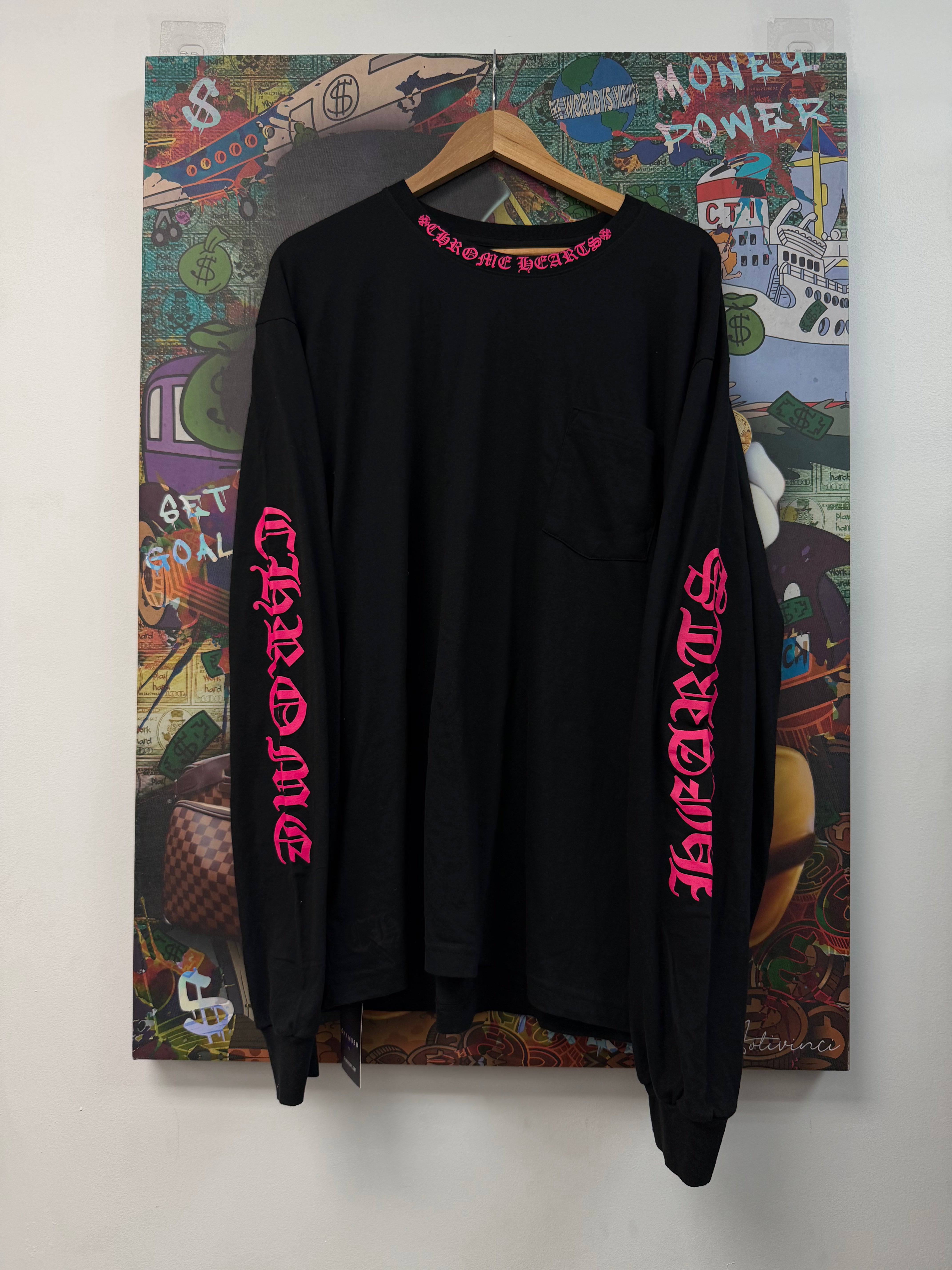 Chrome Heart Pink Black Neck Logo Long Sleeve Tee