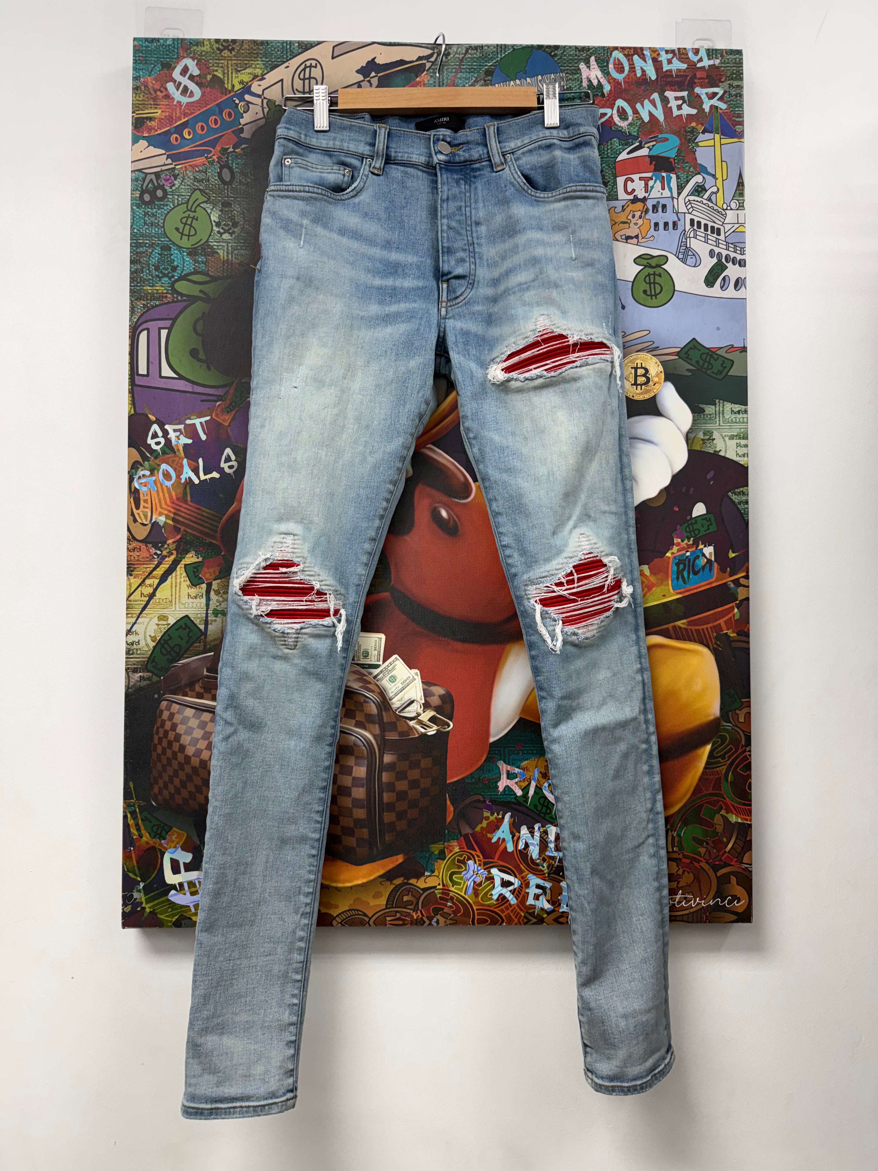 Amiri MX1 Light Wash Red Ultra Suede Patch Jeans