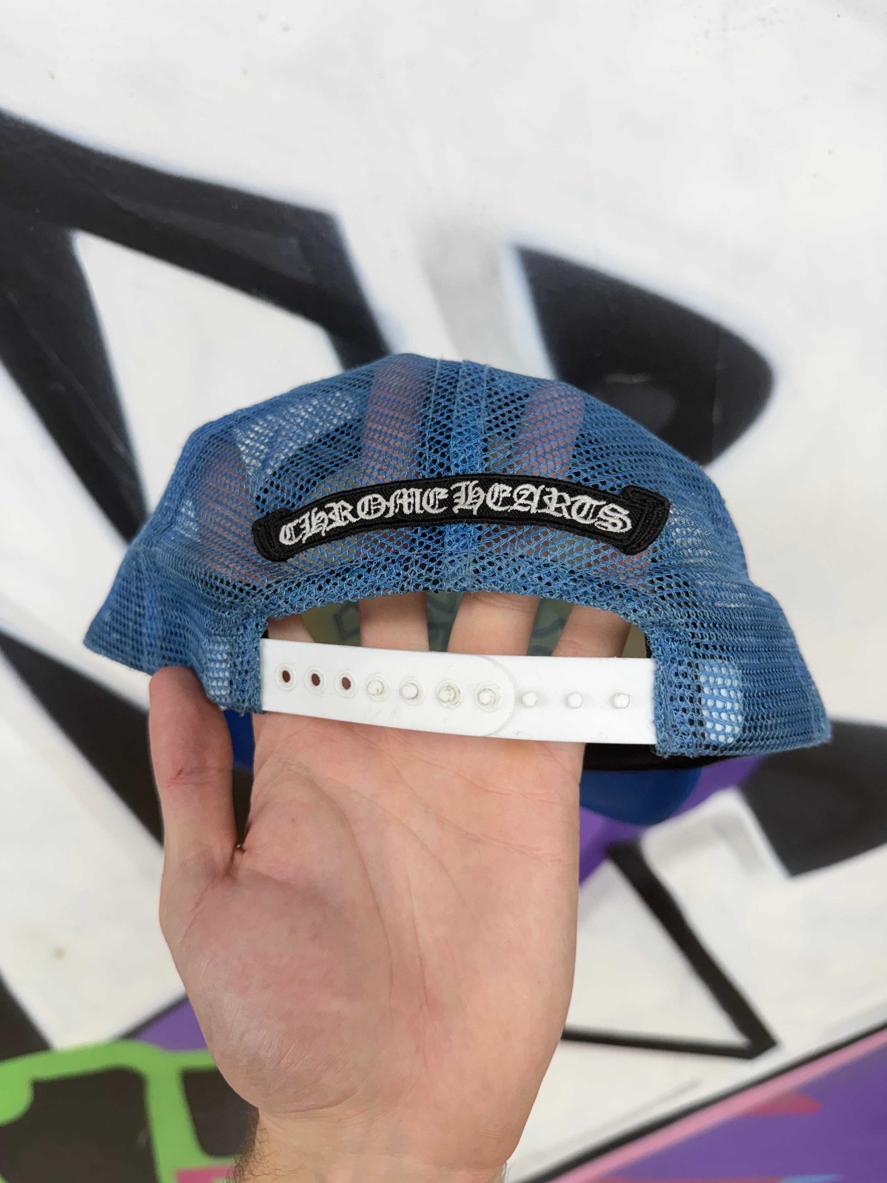 Chrome Hearts White Blue Cemetery Trucker Hat