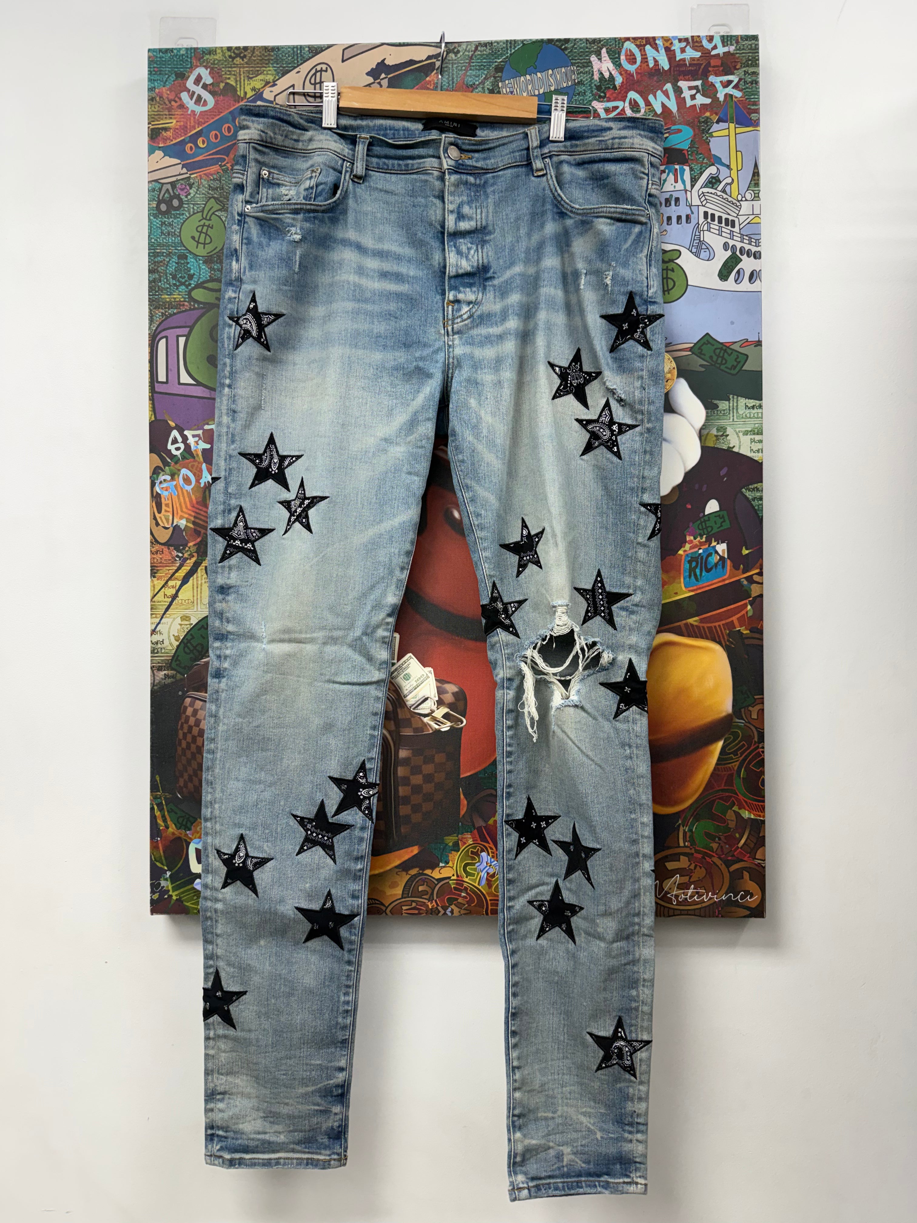 Amiri Light Wash Paisley Stars Jeans